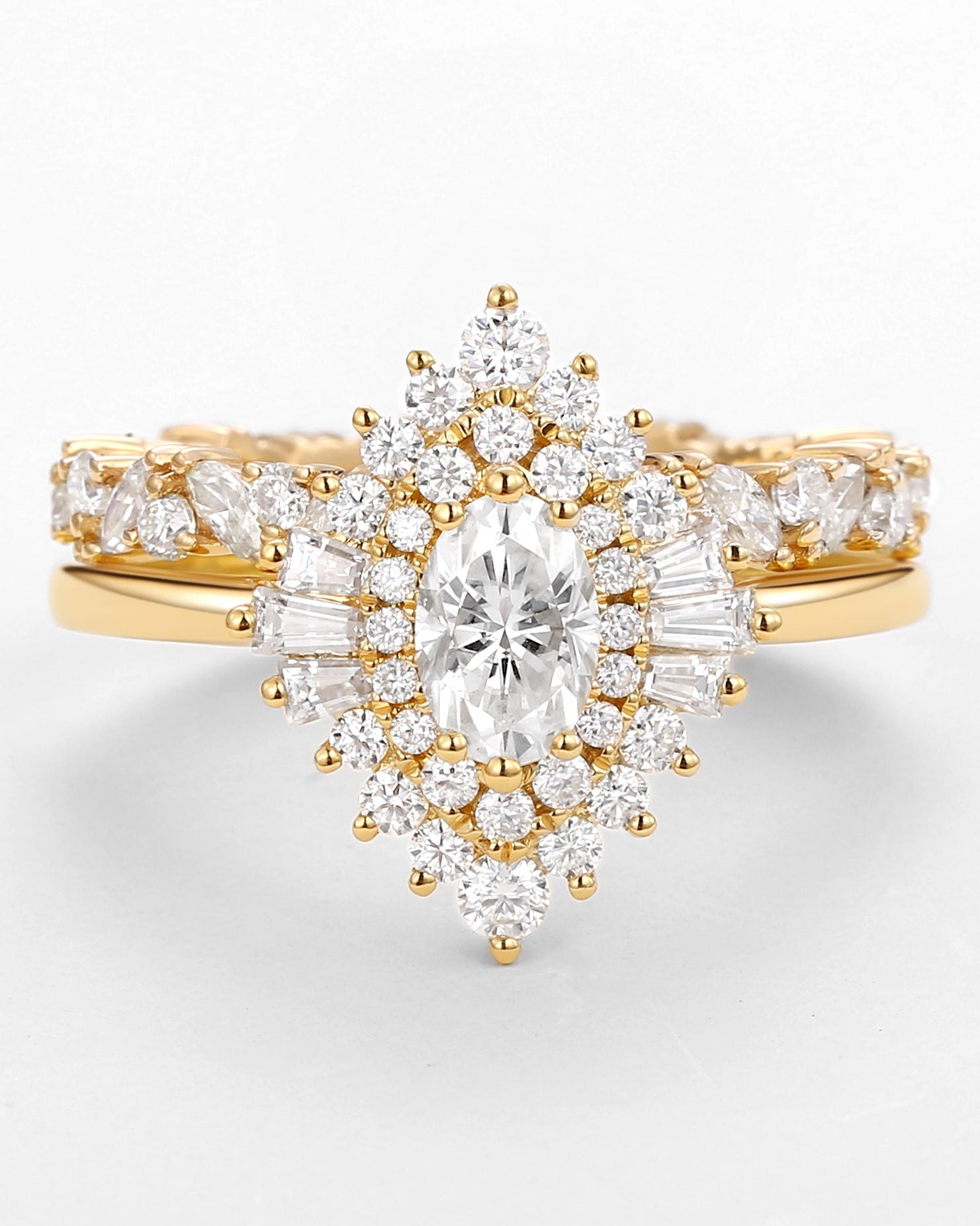 Oval Cut Art Deco Moissanite Minimalist Halo Ring Set 2pcs - Valerie