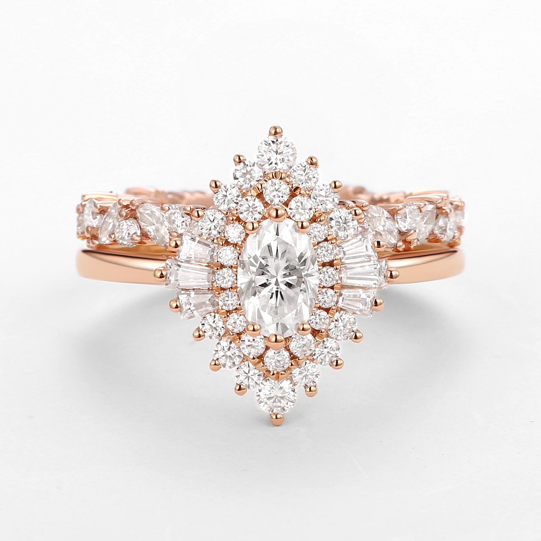 Oval Cut Art Deco Moissanite Minimalist Halo Ring Set 2pcs - Valerie