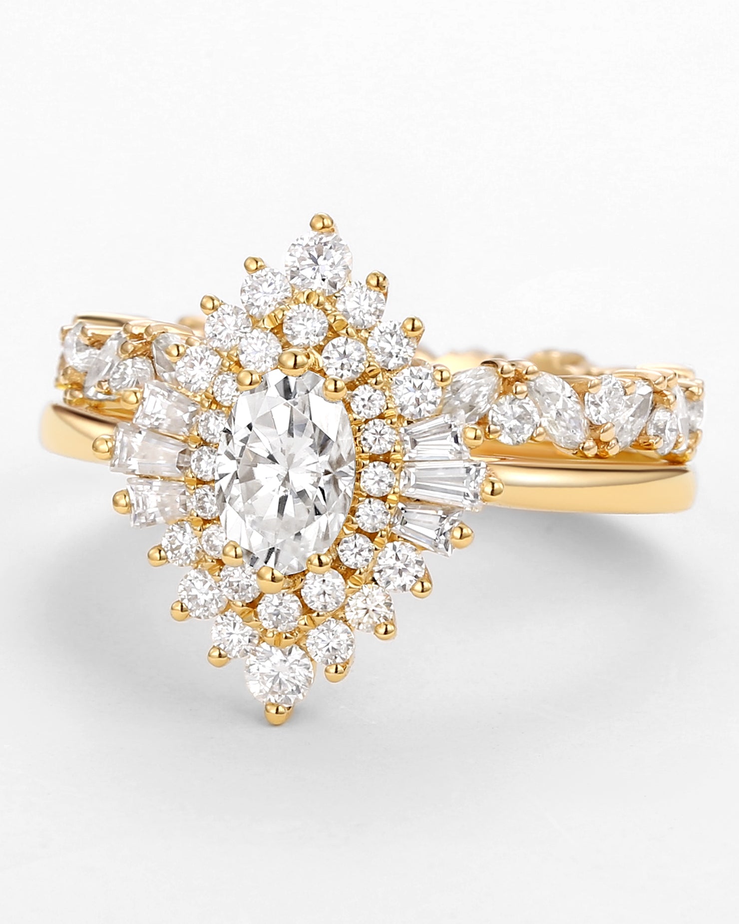 Oval Cut Art Deco Moissanite Minimalist Halo Ring Set 2pcs - Valerie