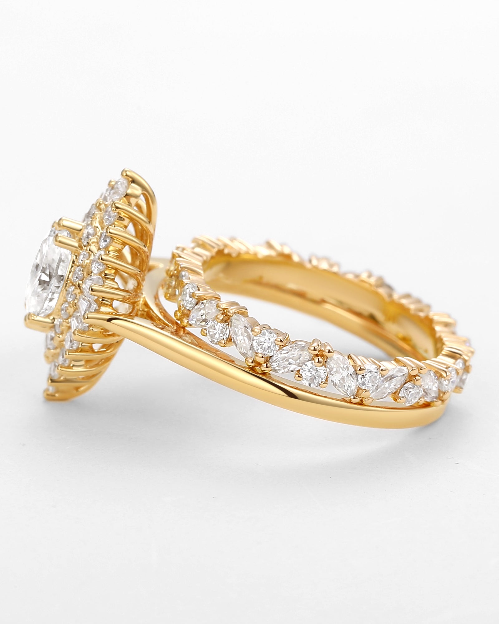 Oval Cut Art Deco Moissanite Minimalist Halo Ring Set 2pcs - Valerie