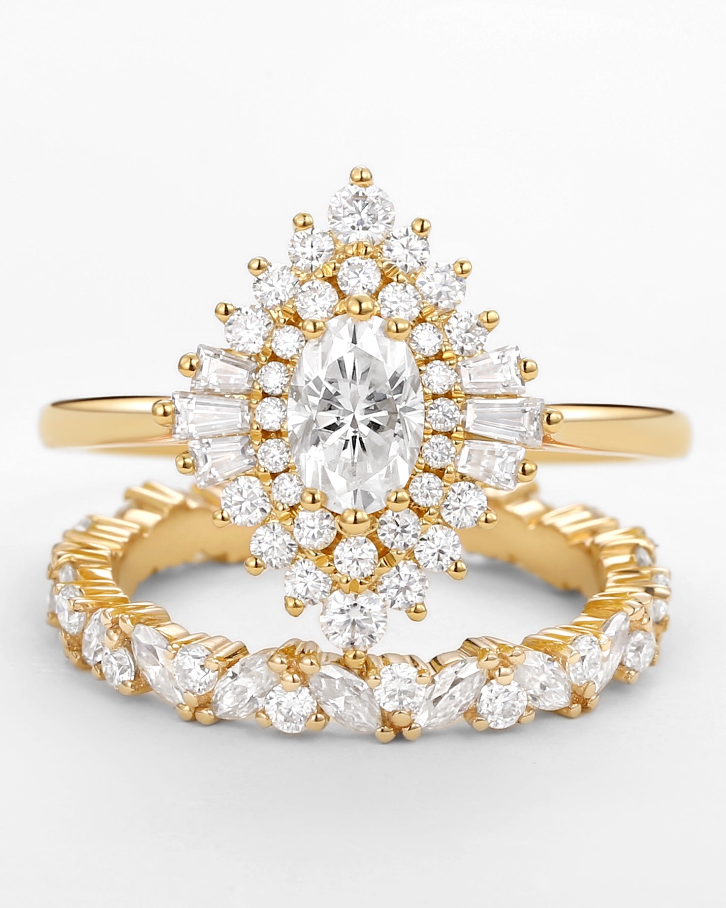 Oval Cut Art Deco Moissanite Minimalist Halo Ring Set 2pcs - Valerie