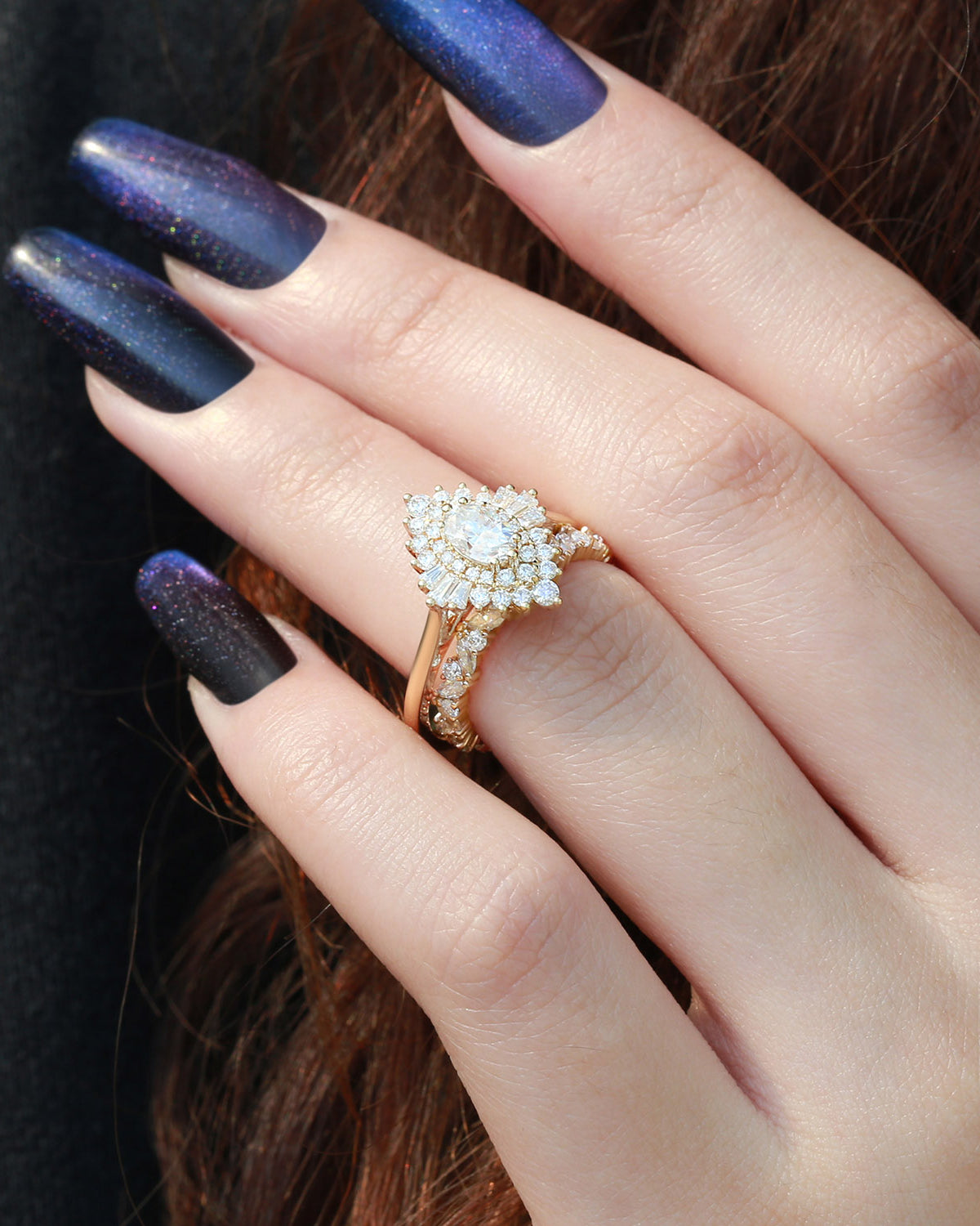 Oval Cut Art Deco Moissanite Minimalist Halo Ring Set 2pcs - Valerie