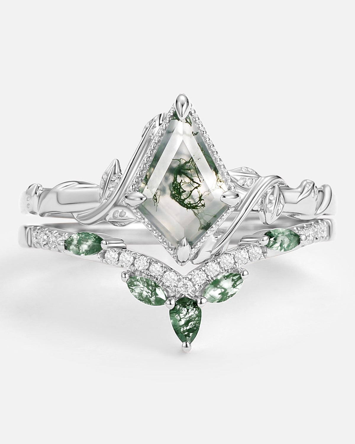 Kite Cut Moss Agate Leafy Engagement Ring Sets 2pcs - Lark