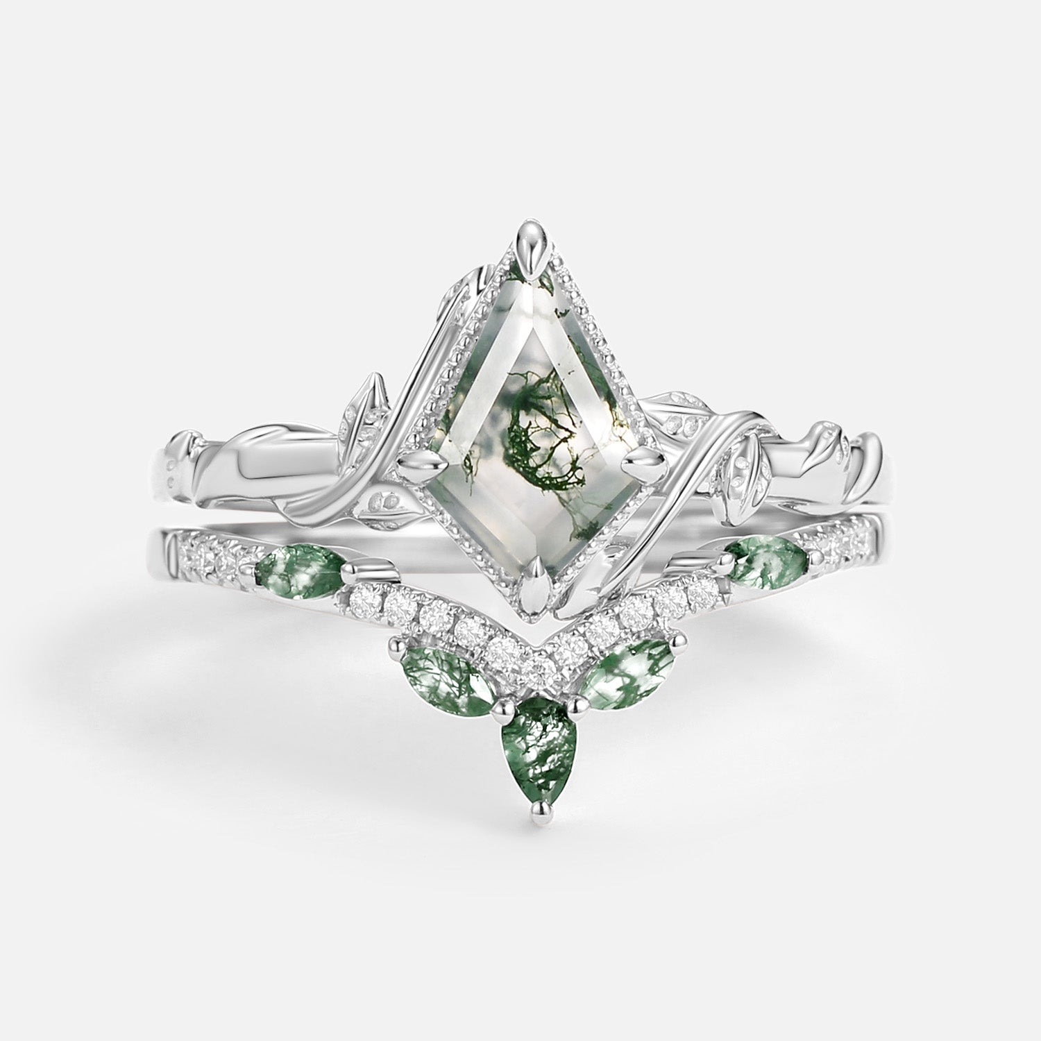 Kite Cut Moss Agate Leafy Engagement Ring Sets 2pcs - Lark