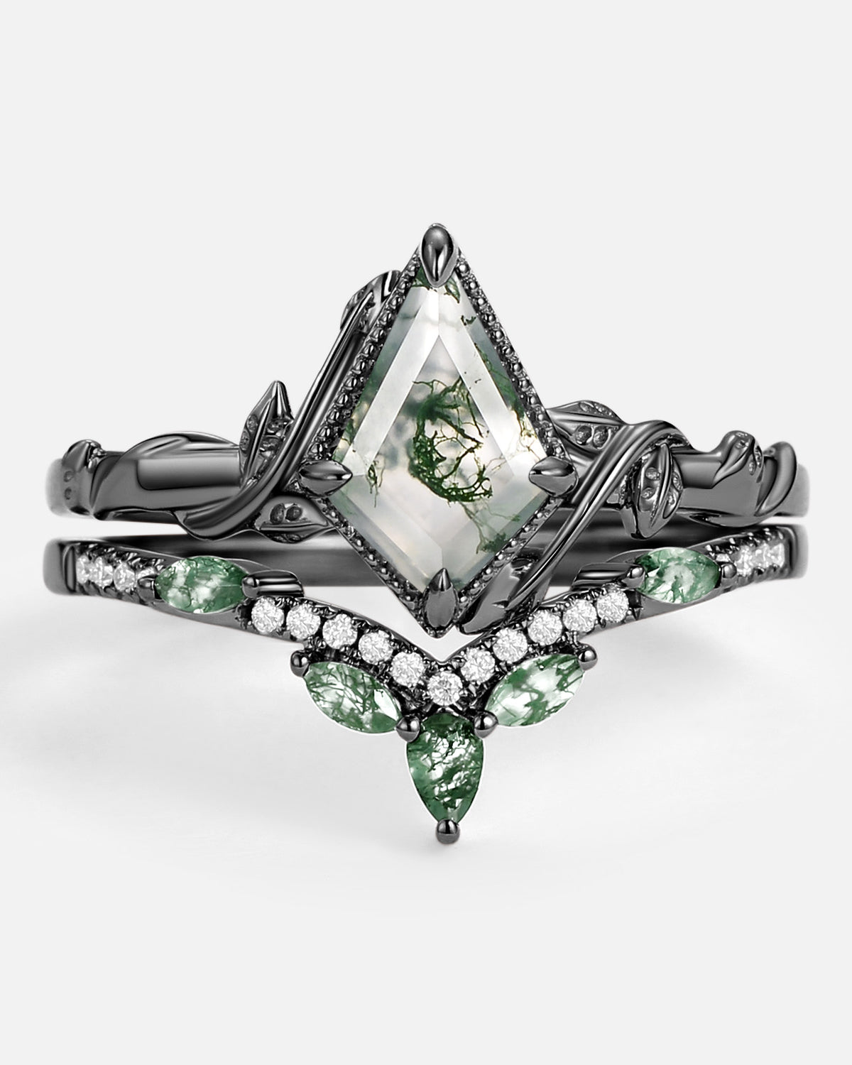 Kite Cut Moss Agate Leafy Engagement Ring Sets 2pcs - Lark