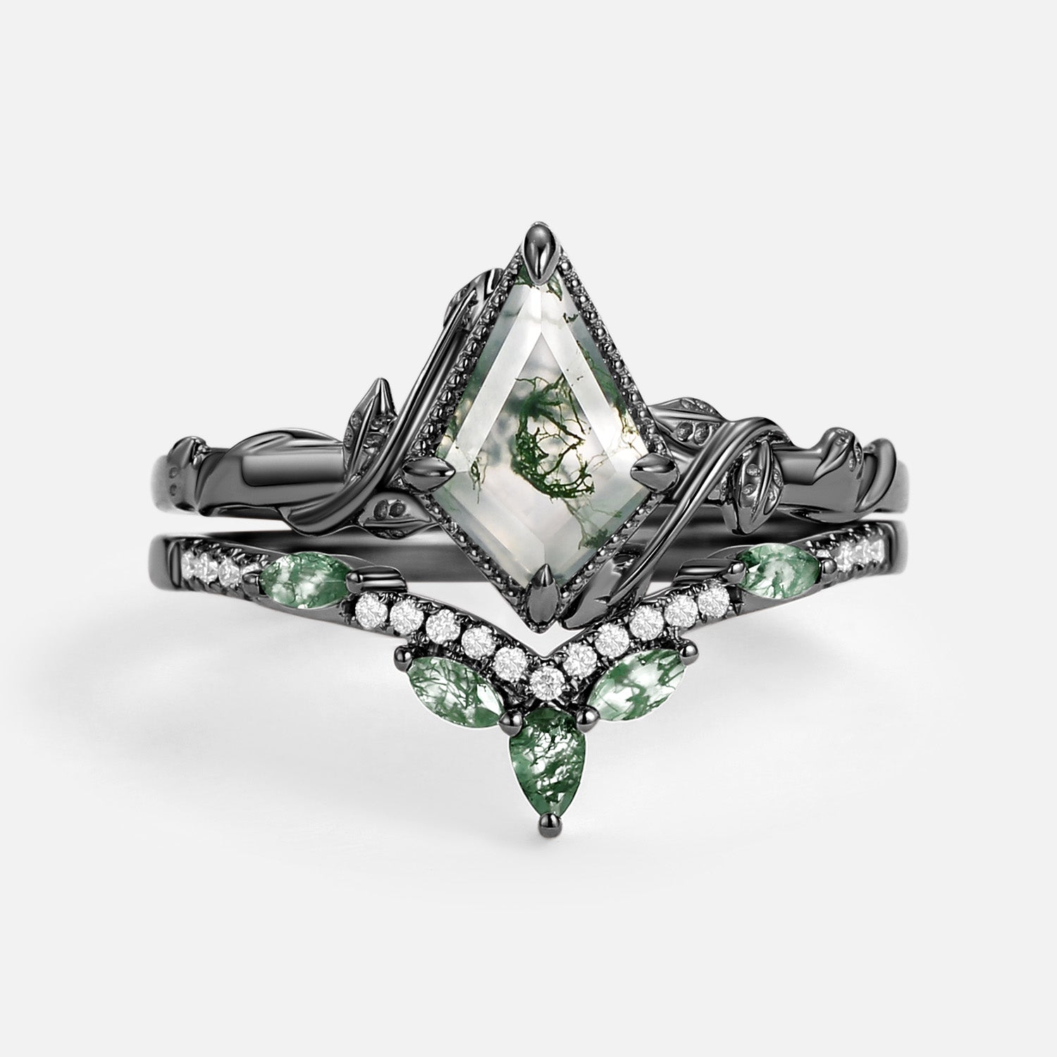 Kite Cut Moss Agate Leafy Engagement Ring Sets 2pcs - Lark