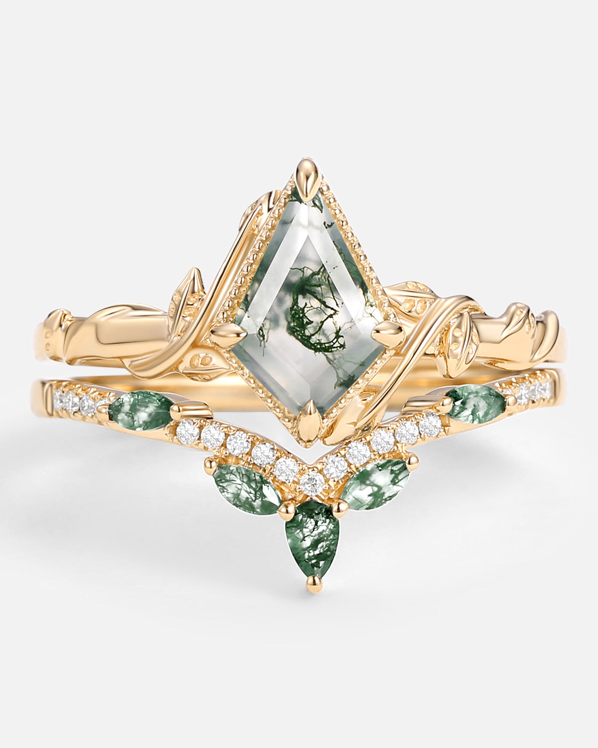 Kite Cut Moss Agate Leafy Engagement Ring Sets 2pcs - Lark