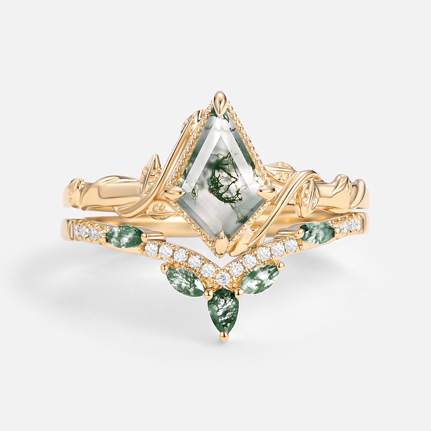 Kite Cut Moss Agate Leafy Engagement Ring Sets 2pcs - Lark