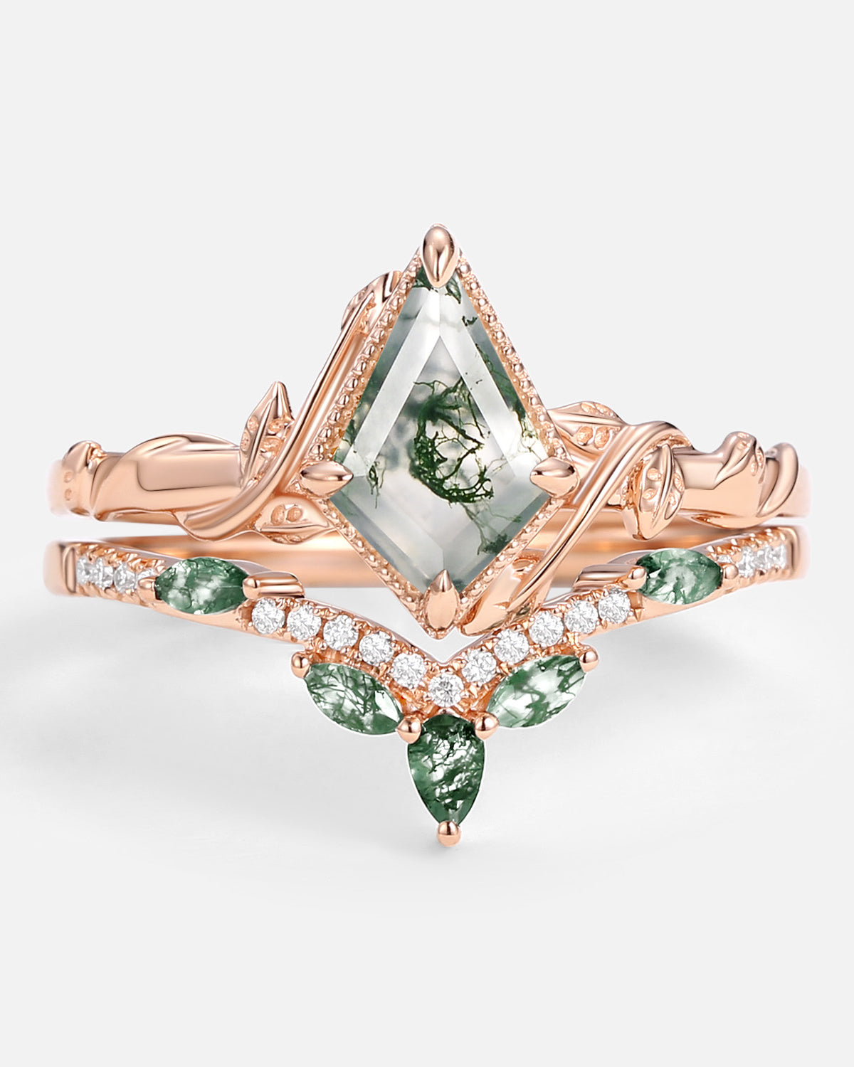 Kite Cut Moss Agate Leafy Engagement Ring Sets 2pcs - Lark