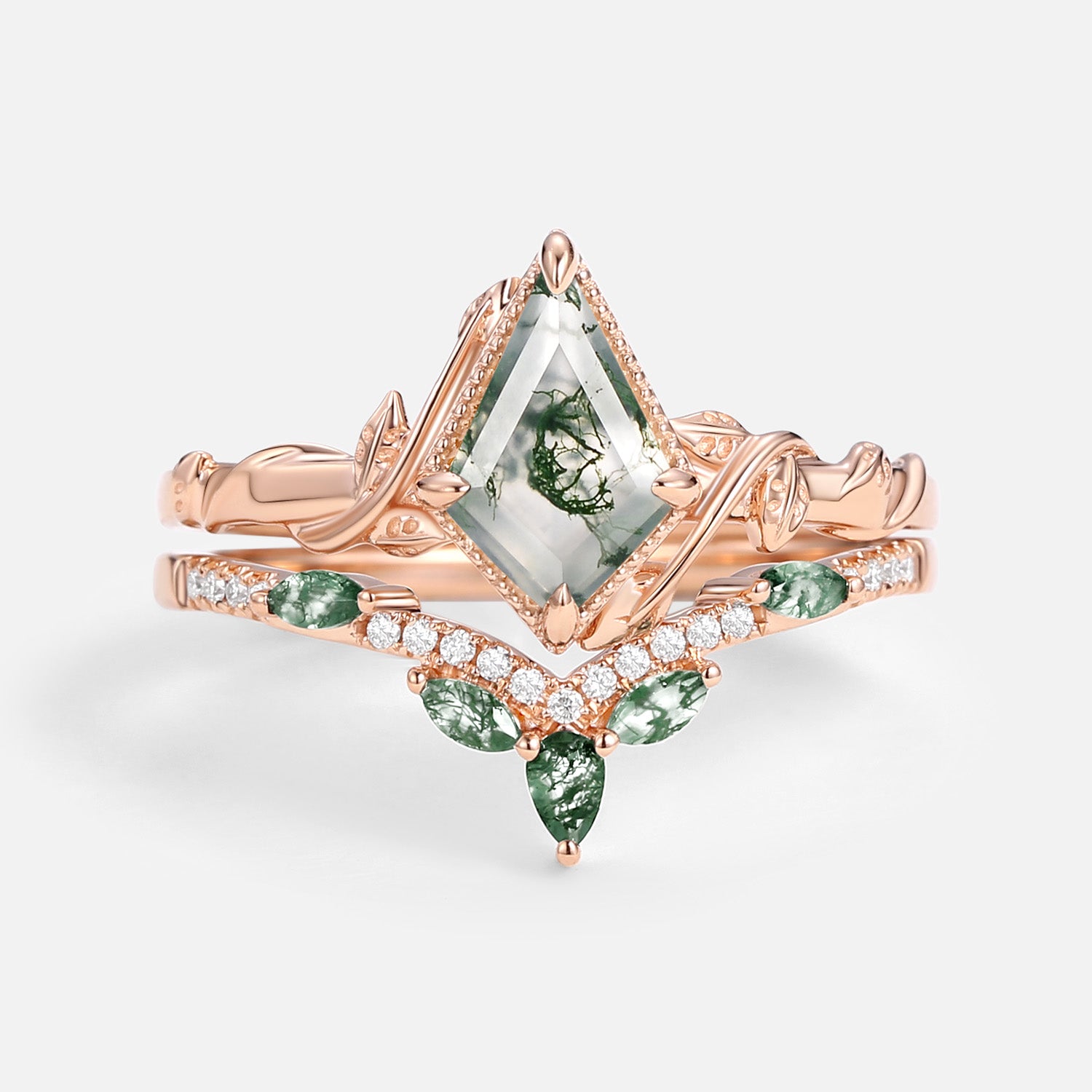 Kite Cut Moss Agate Leafy Engagement Ring Sets 2pcs - Lark