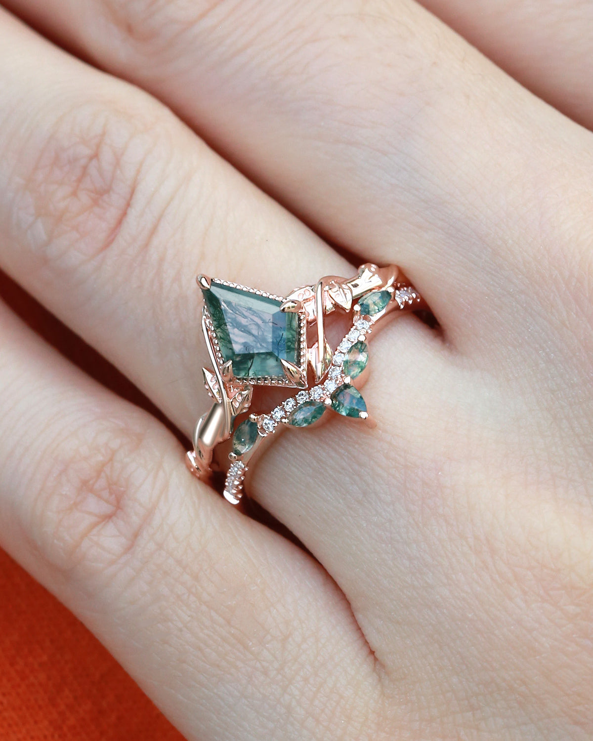 Kite Cut Moss Agate Leafy Engagement Ring Sets 2pcs - Lark
