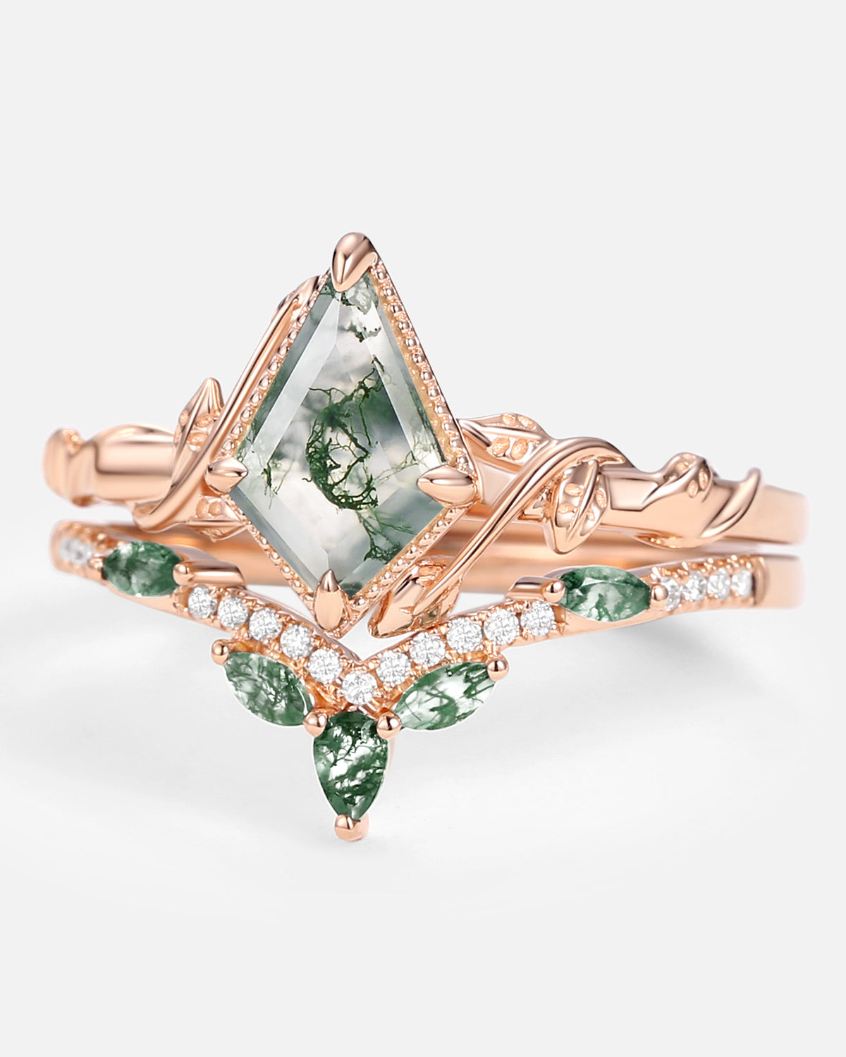 Kite Cut Moss Agate Leafy Engagement Ring Sets 2pcs - Lark