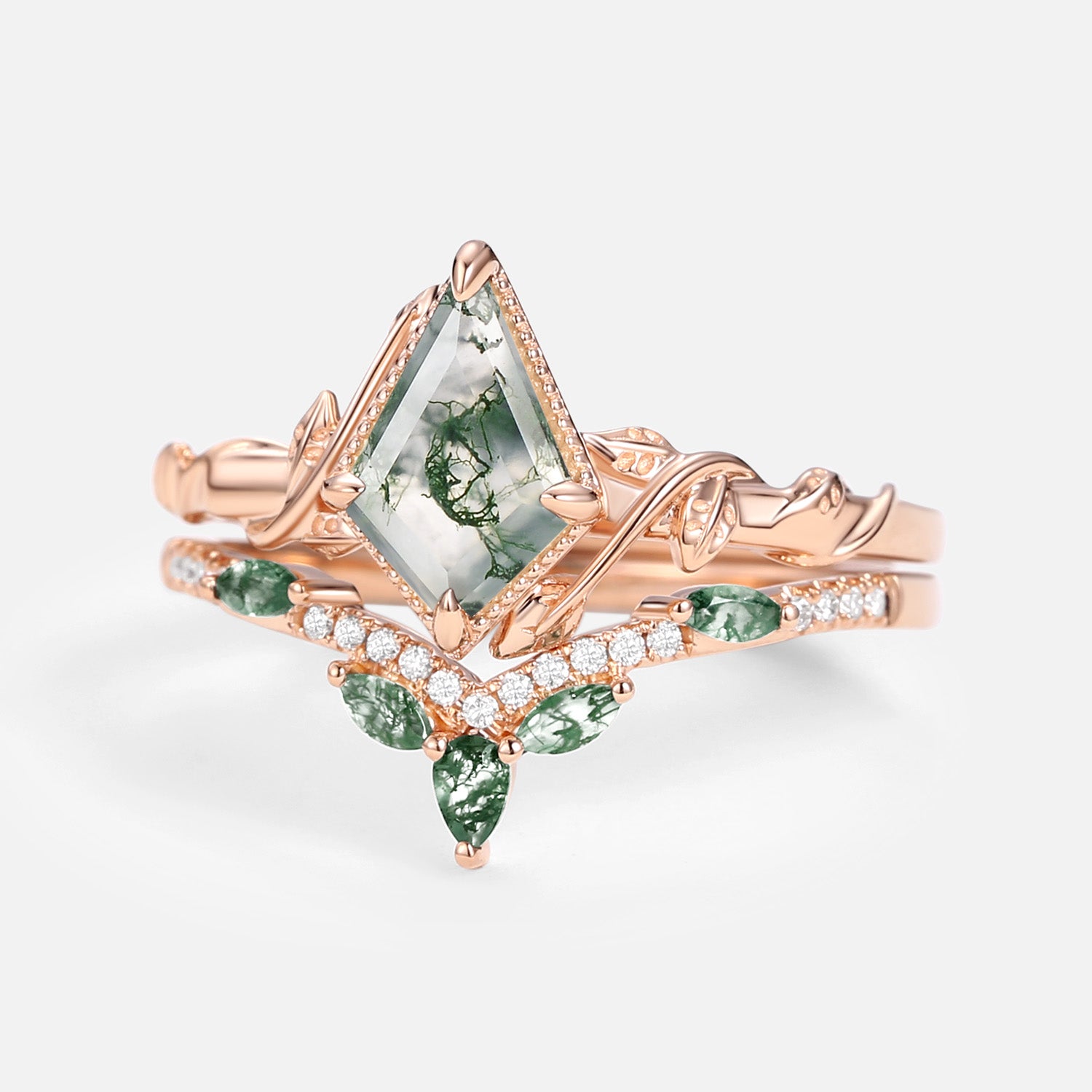 Kite Cut Moss Agate Leafy Engagement Ring Sets 2pcs - Lark