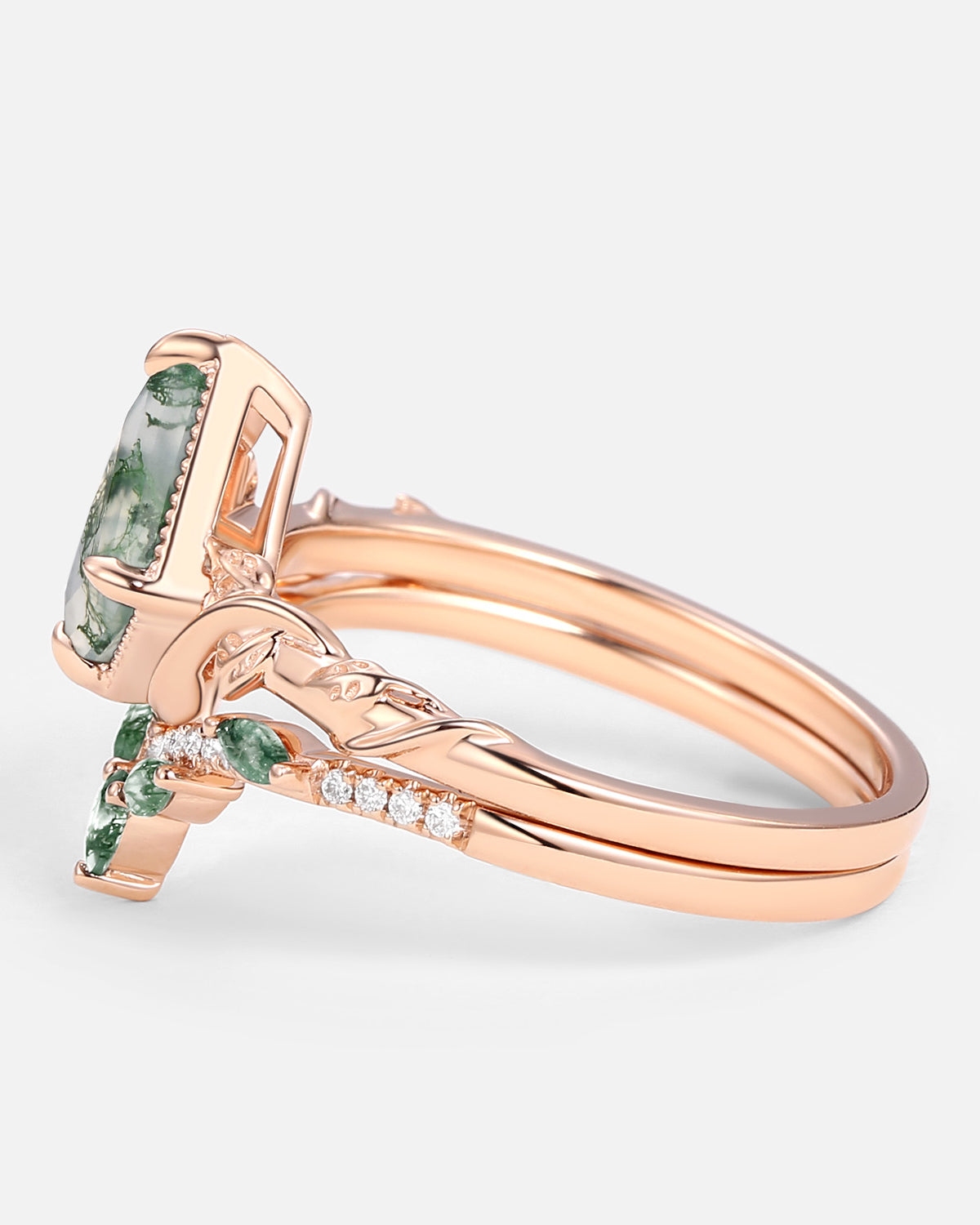 Kite Cut Moss Agate Leafy Engagement Ring Sets 2pcs - Lark