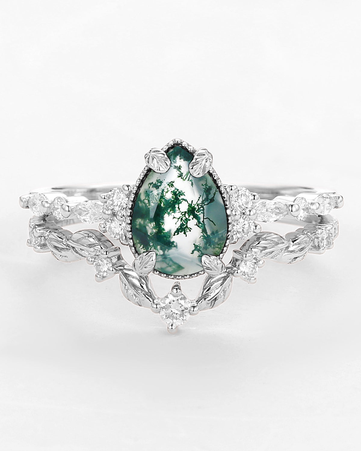 Vintage Pear Shaped Moss Agate Leafy Ring Set 2pcs