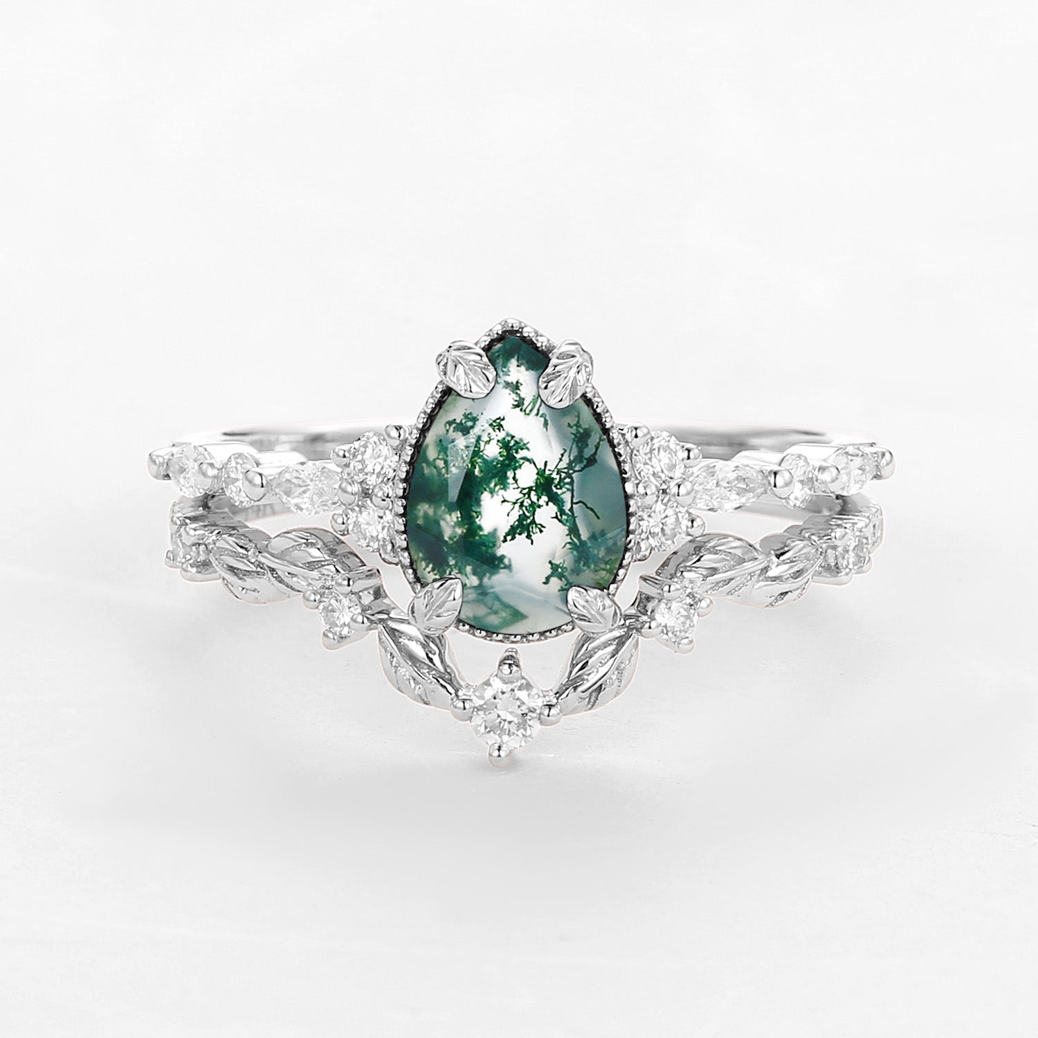 Vintage Pear Shaped Moss Agate Leafy Ring Set 2pcs