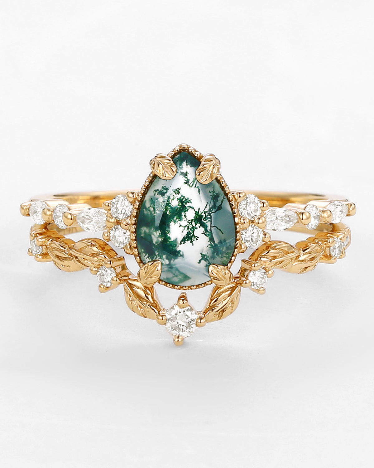 Vintage Pear Shaped Moss Agate Leafy Ring Set 2pcs