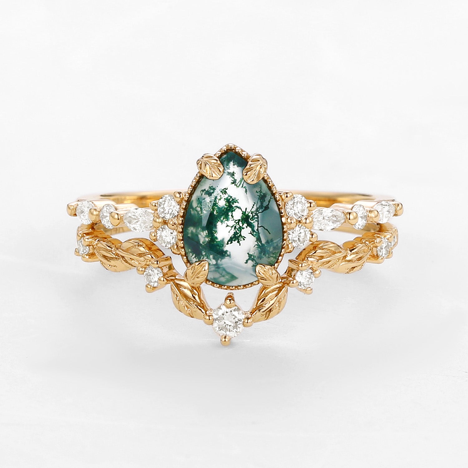 Vintage Pear Shaped Moss Agate Leafy Ring Set 2pcs