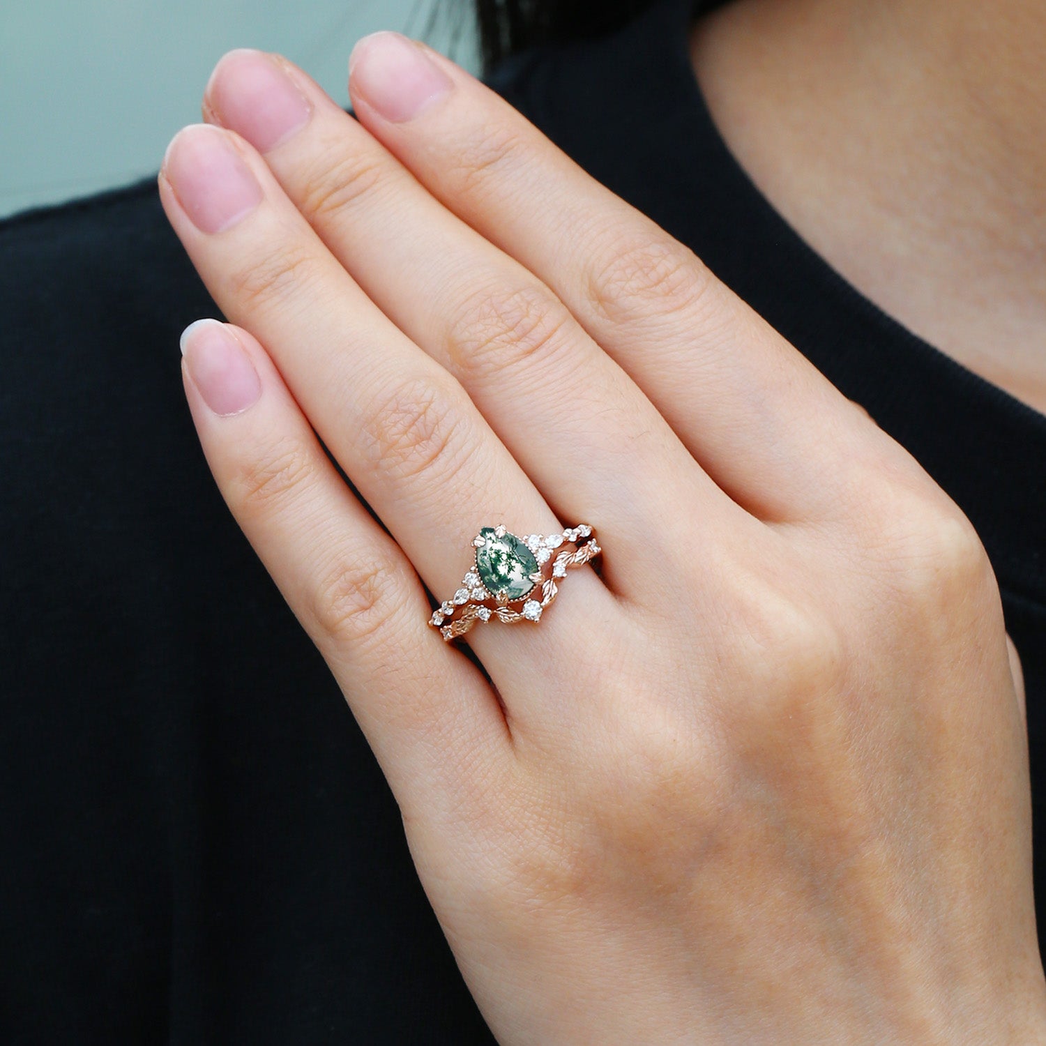 Vintage Pear Shaped Moss Agate Leafy Ring Set 2pcs