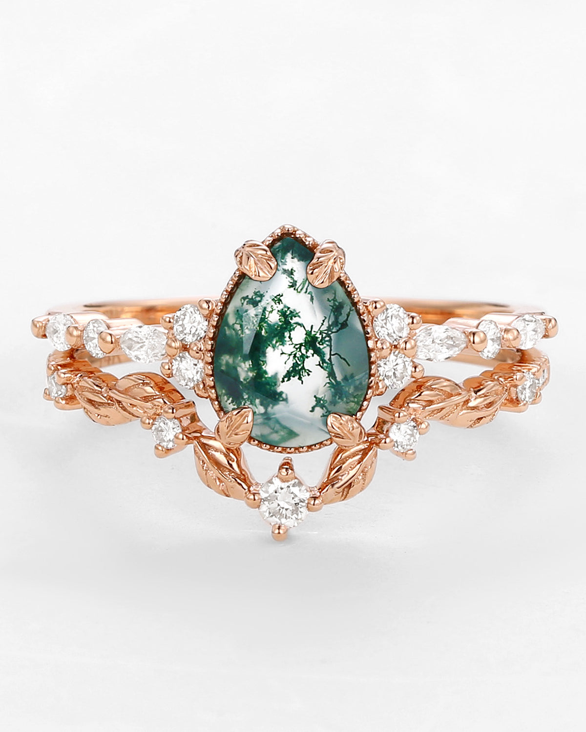 Vintage Pear Shaped Moss Agate Leafy Ring Set 2pcs