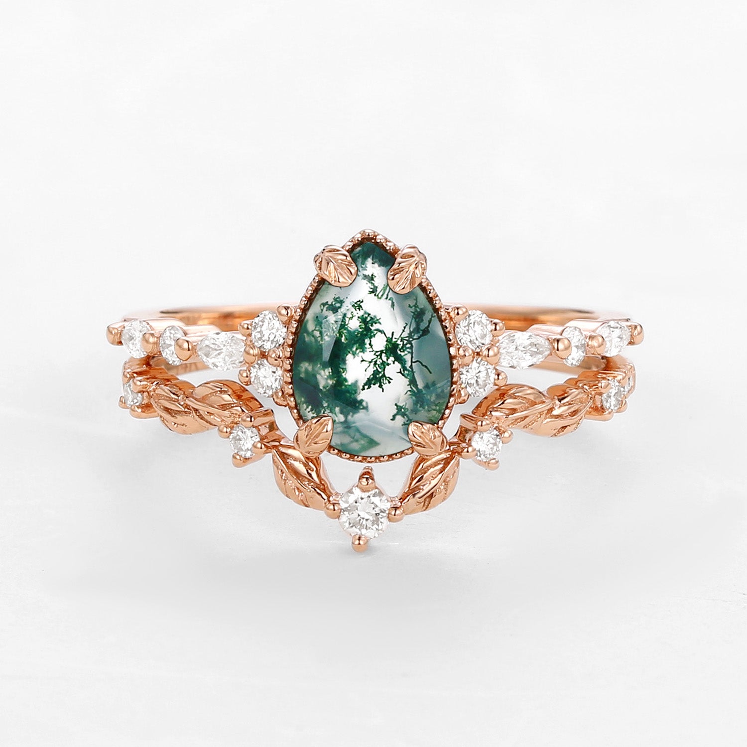 Vintage Pear Shaped Moss Agate Leafy Ring Set 2pcs