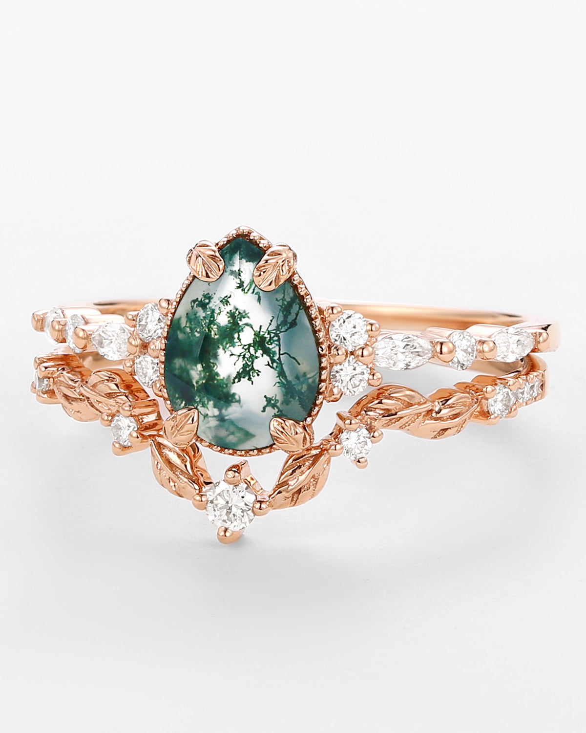 Vintage Pear Shaped Moss Agate Leafy Ring Set 2pcs