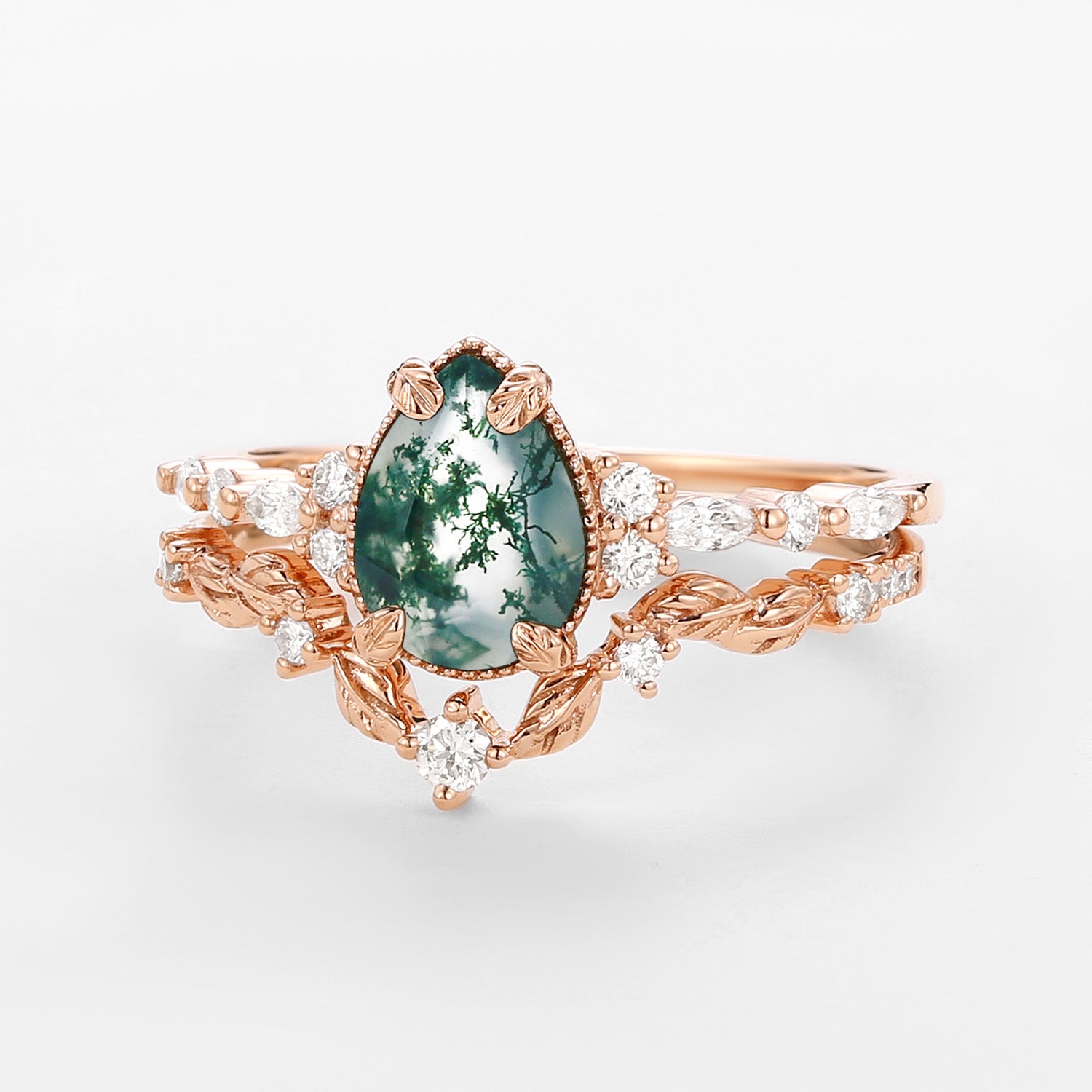 Vintage Pear Shaped Moss Agate Leafy Ring Set 2pcs