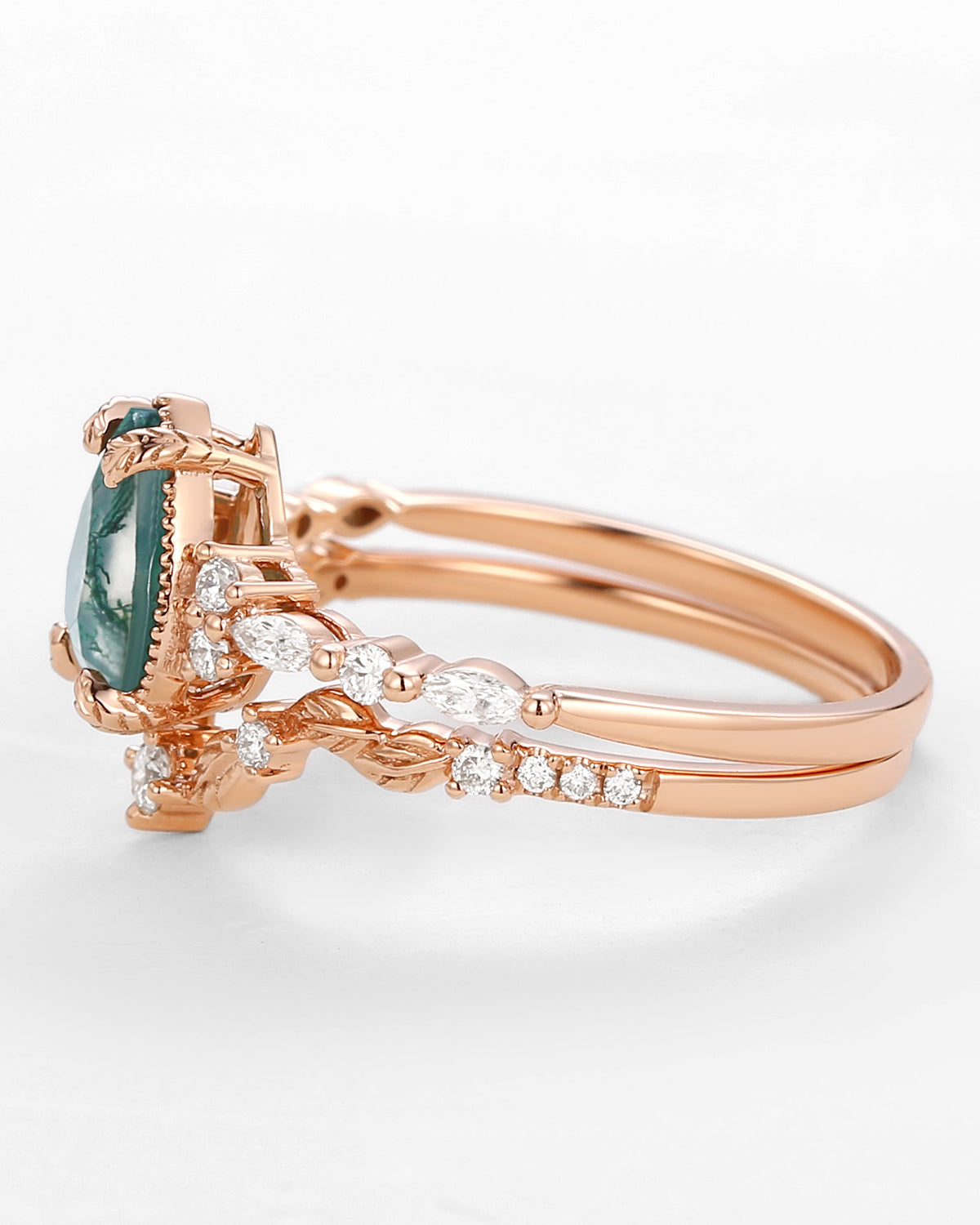 Vintage Pear Shaped Moss Agate Leafy Ring Set 2pcs