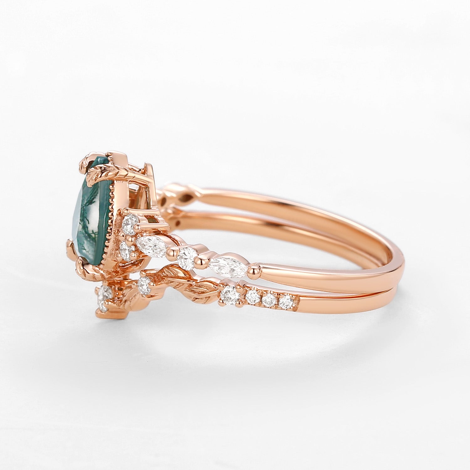 Vintage Pear Shaped Moss Agate Leafy Ring Set 2pcs