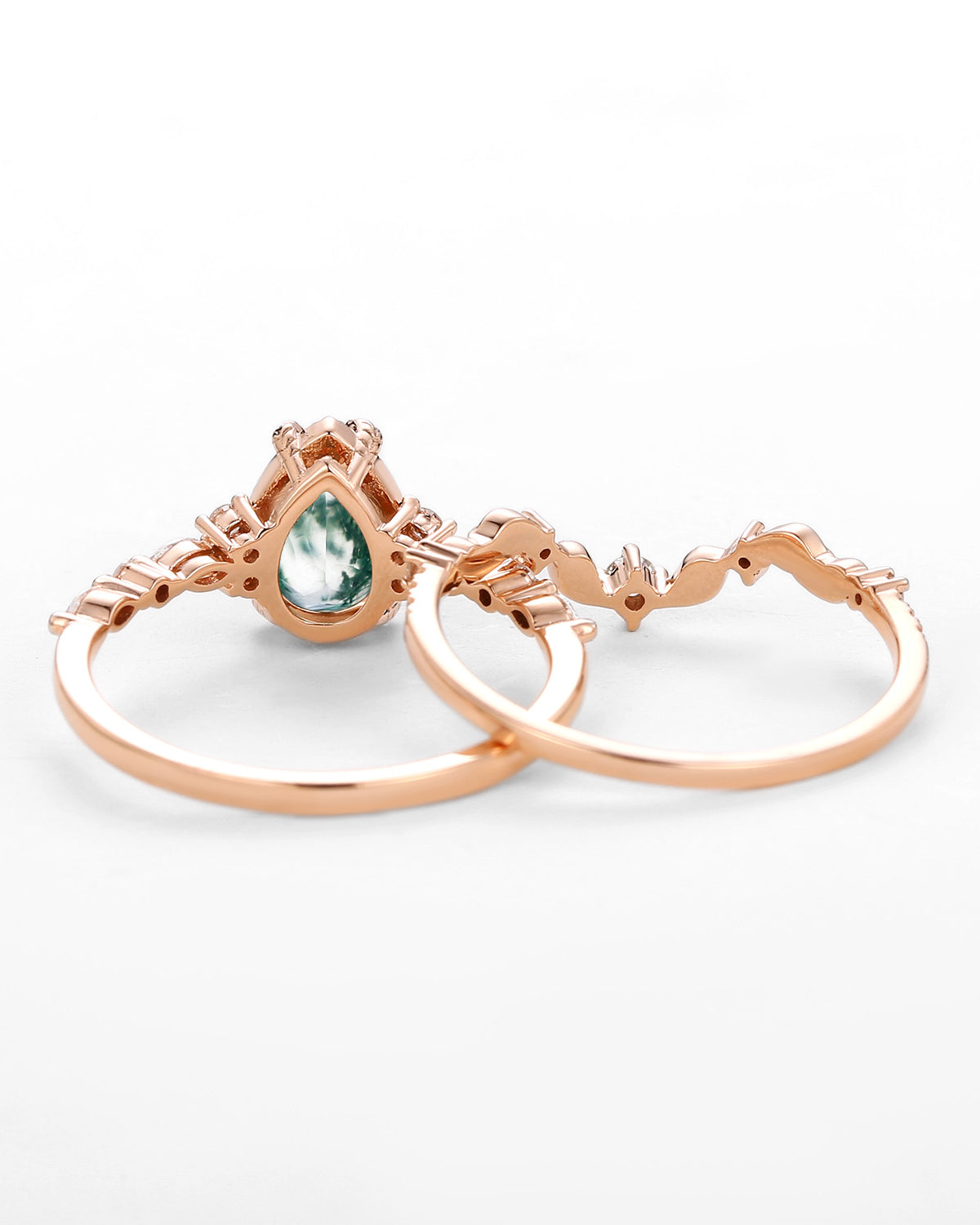 Vintage Pear Shaped Moss Agate Leafy Ring Set 2pcs