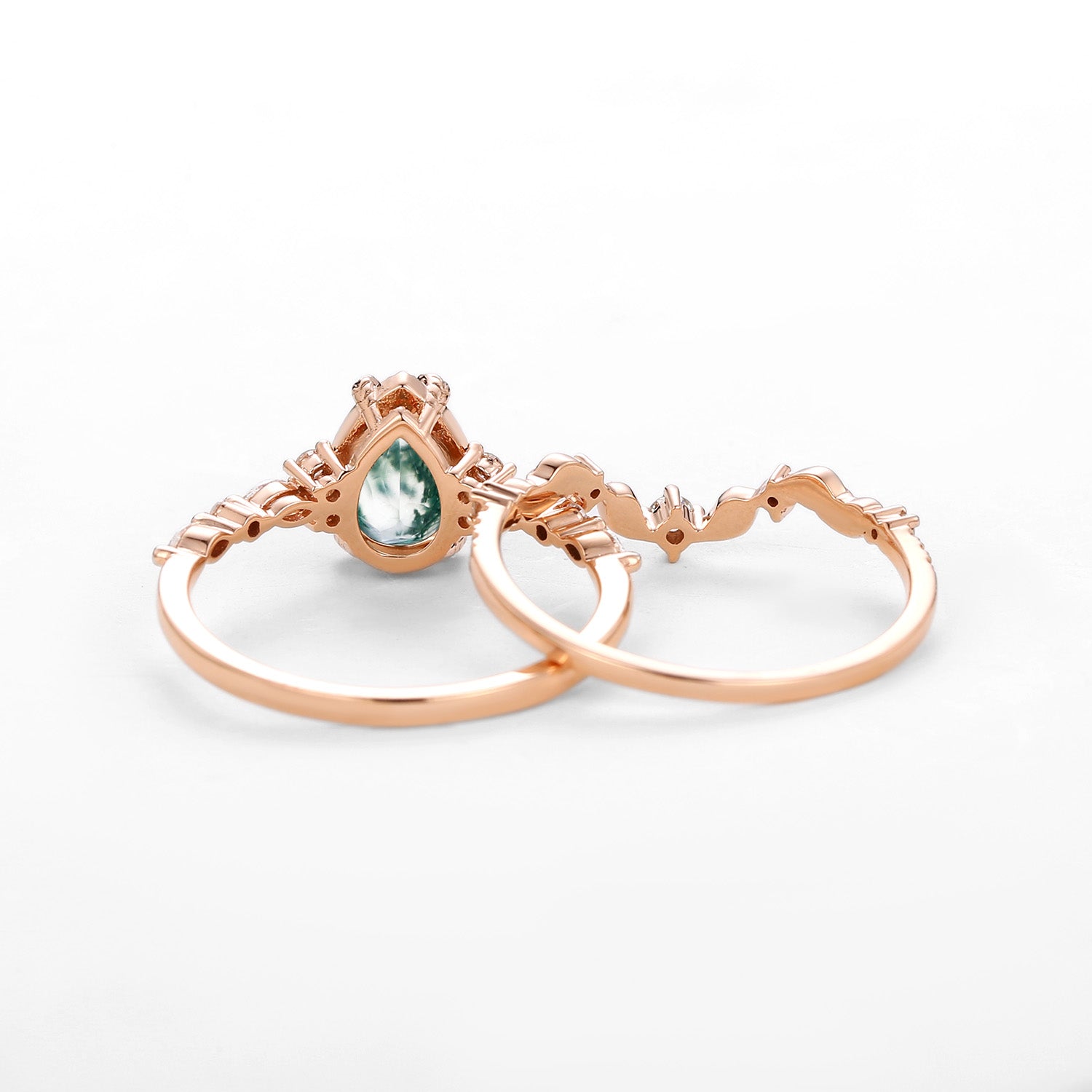 Vintage Pear Shaped Moss Agate Leafy Ring Set 2pcs