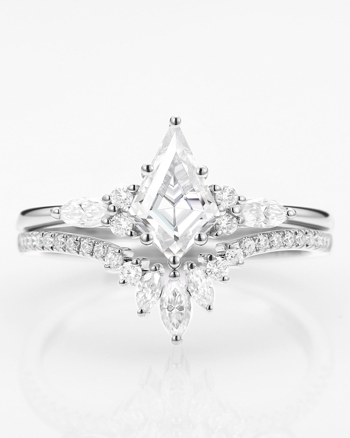 Kite Cut Moissanite Three Stone Engagement Ring Set 2pcs - Rebecca