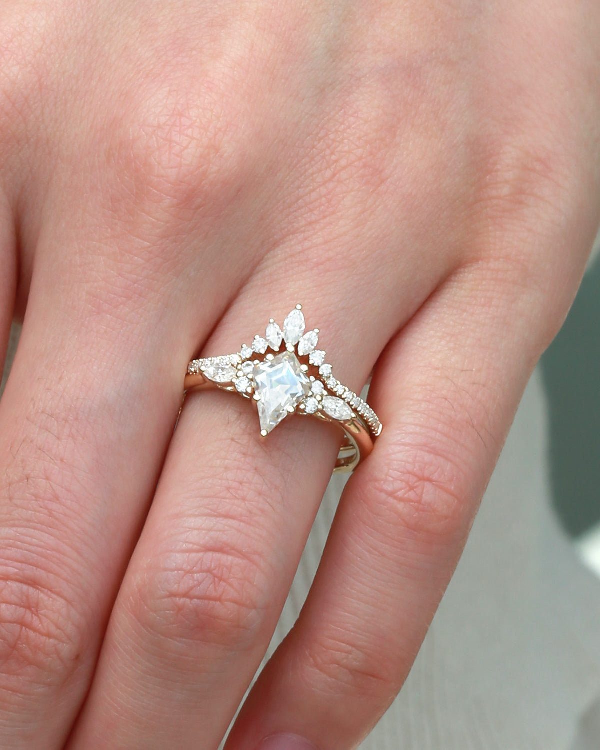 Kite Cut Moissanite Three Stone Engagement Ring Set 2pcs - Rebecca