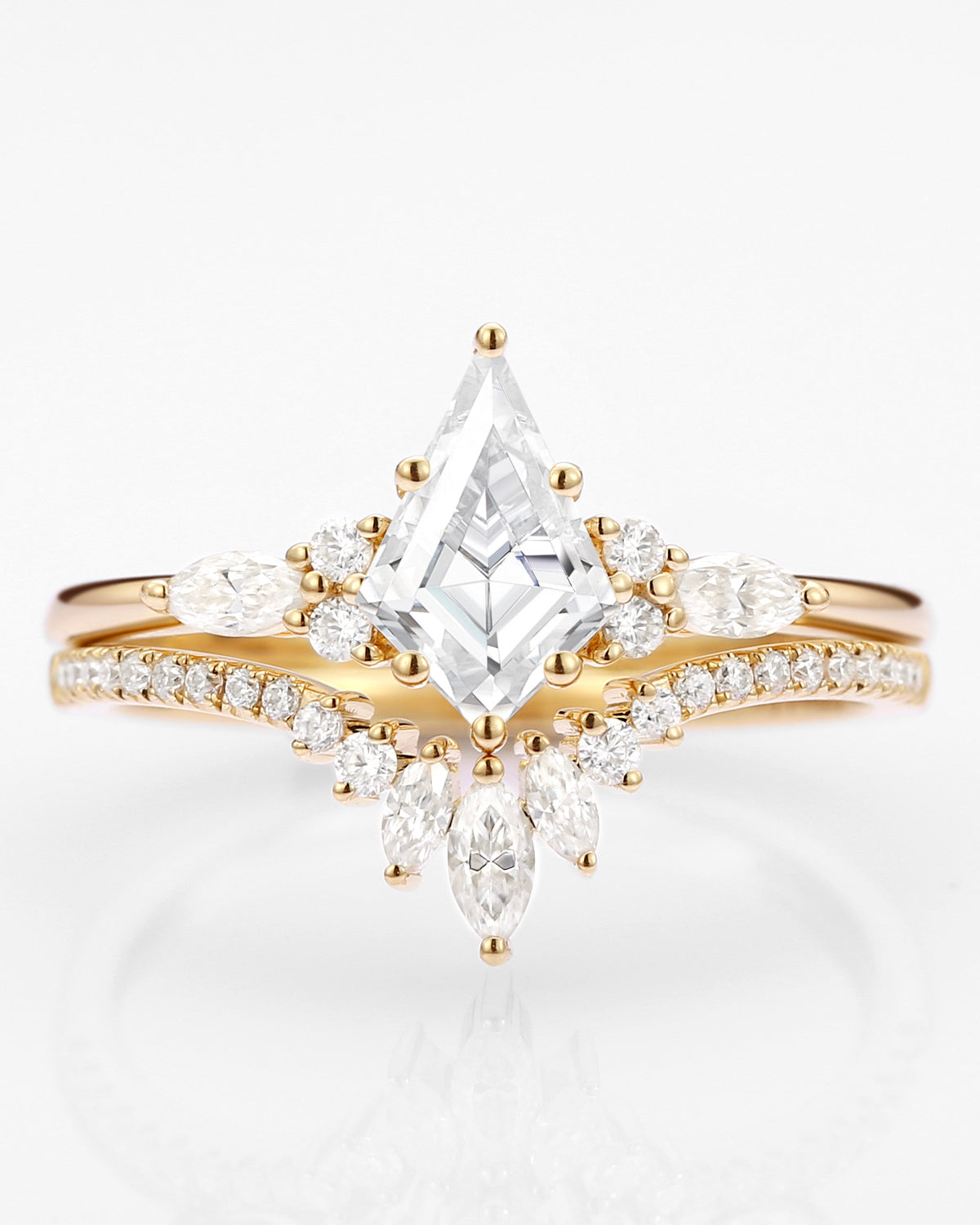 Kite Cut Moissanite Three Stone Engagement Ring Set 2pcs - Rebecca