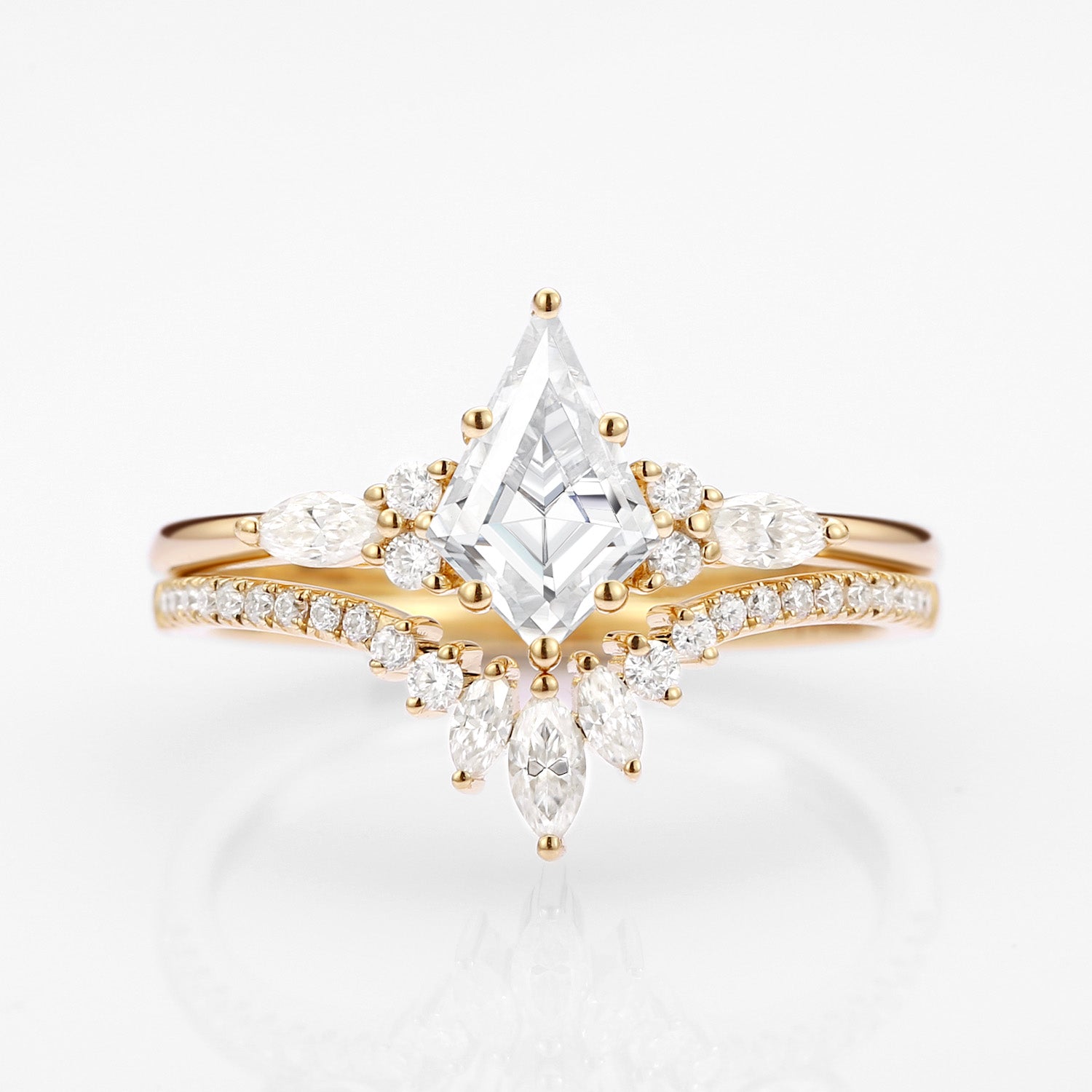 Kite Cut Moissanite Three Stone Engagement Ring Set 2pcs - Rebecca