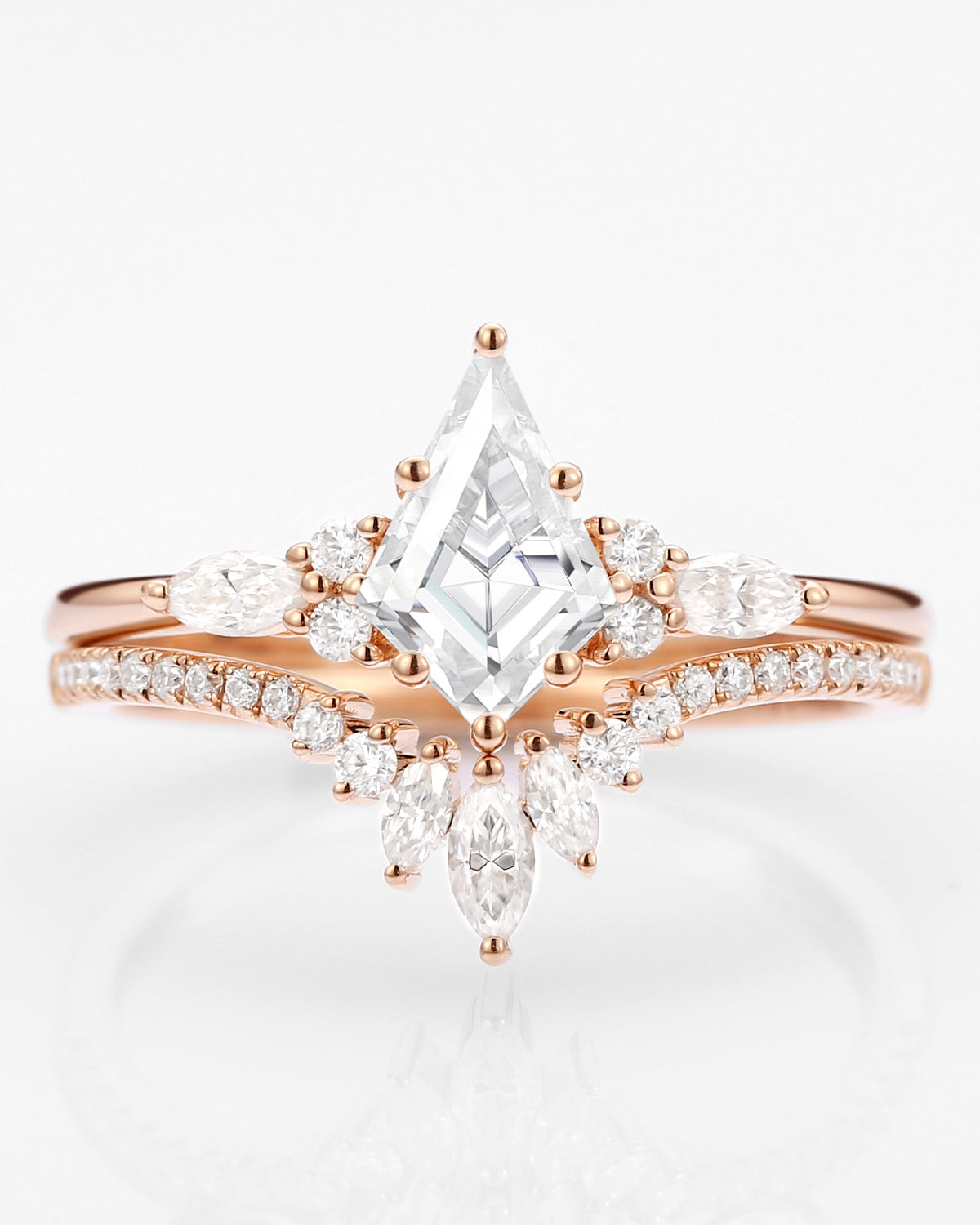 Kite Cut Moissanite Three Stone Engagement Ring Set 2pcs - Rebecca