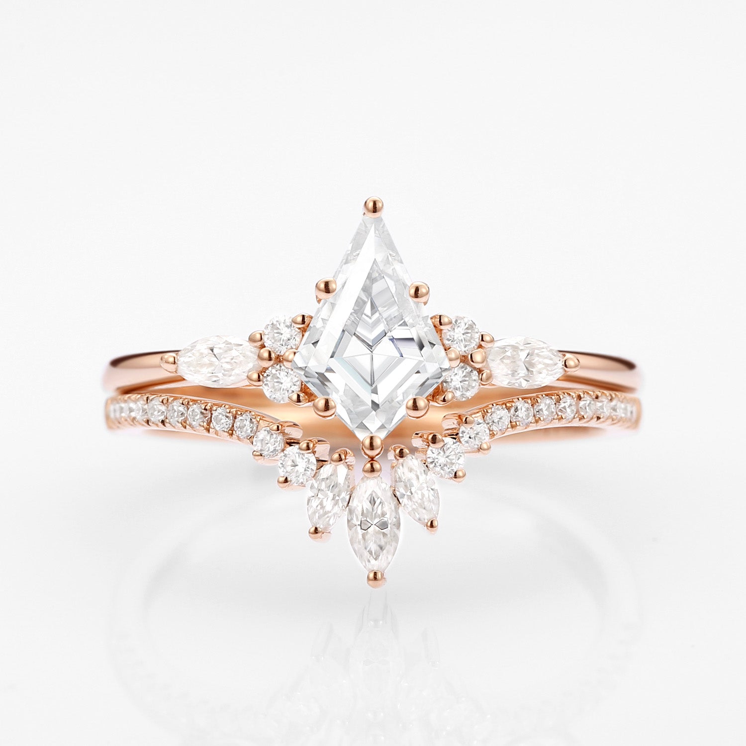 Kite Cut Moissanite Three Stone Engagement Ring Set 2pcs - Rebecca