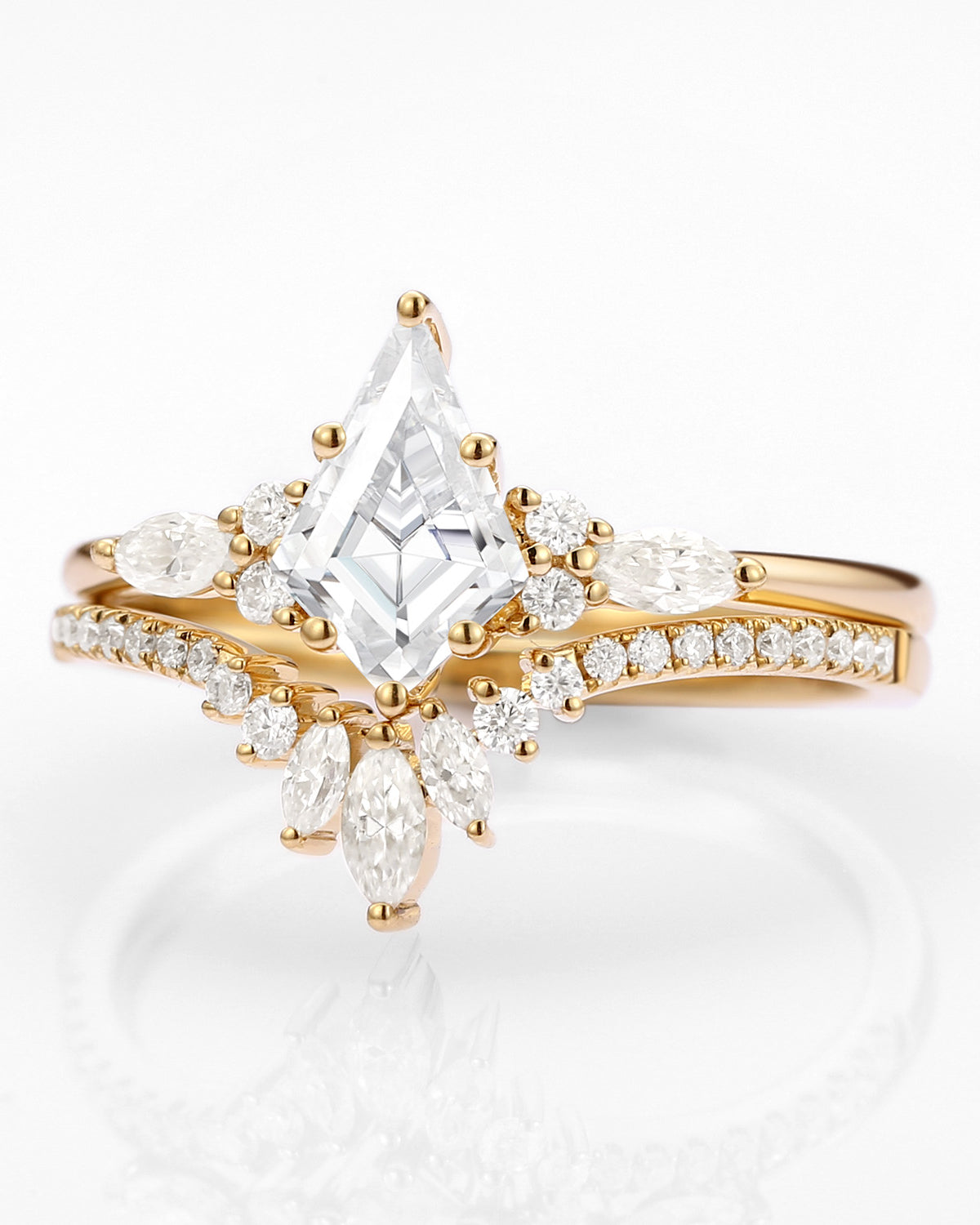 Kite Cut Moissanite Three Stone Engagement Ring Set 2pcs - Rebecca