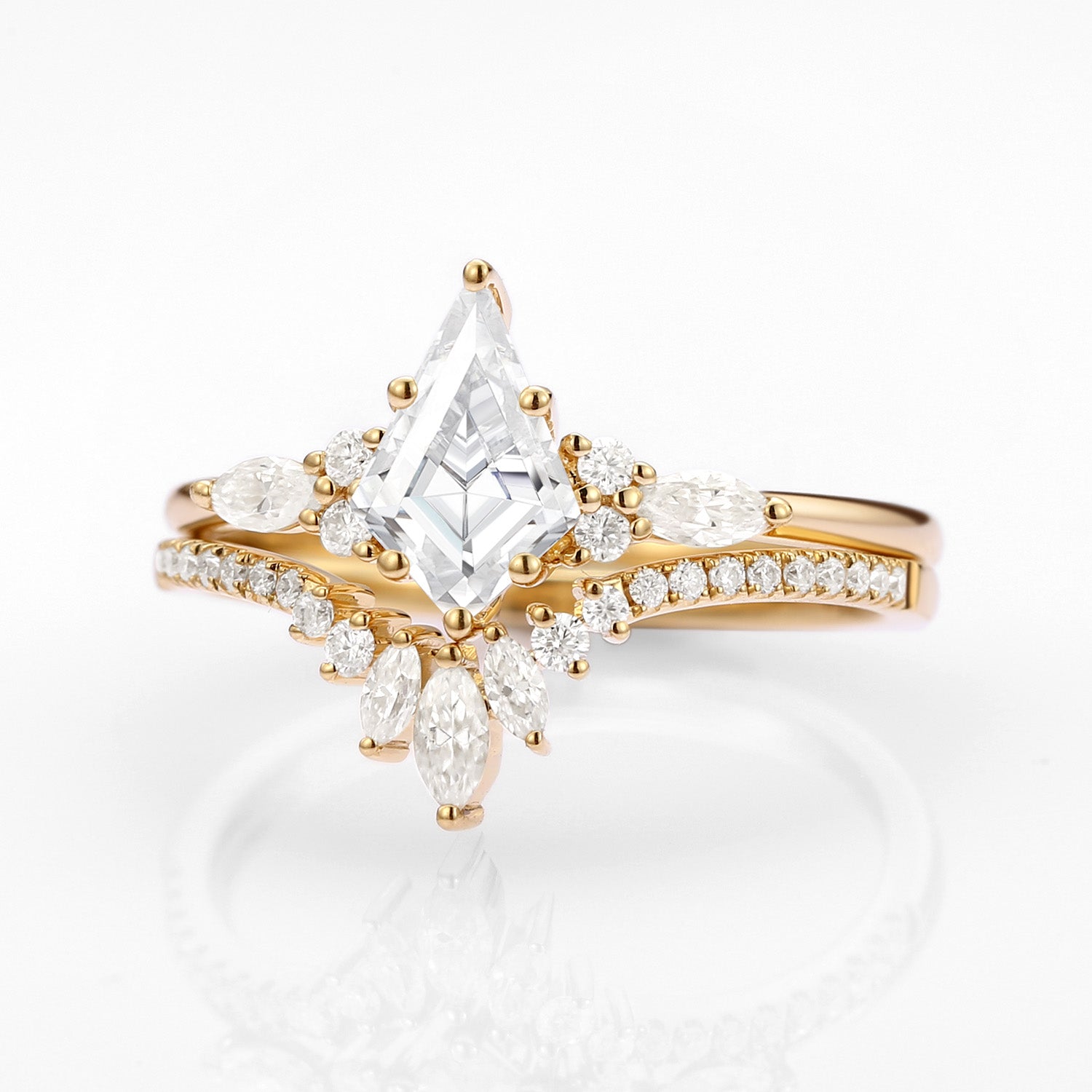 Kite Cut Moissanite Three Stone Engagement Ring Set 2pcs - Rebecca