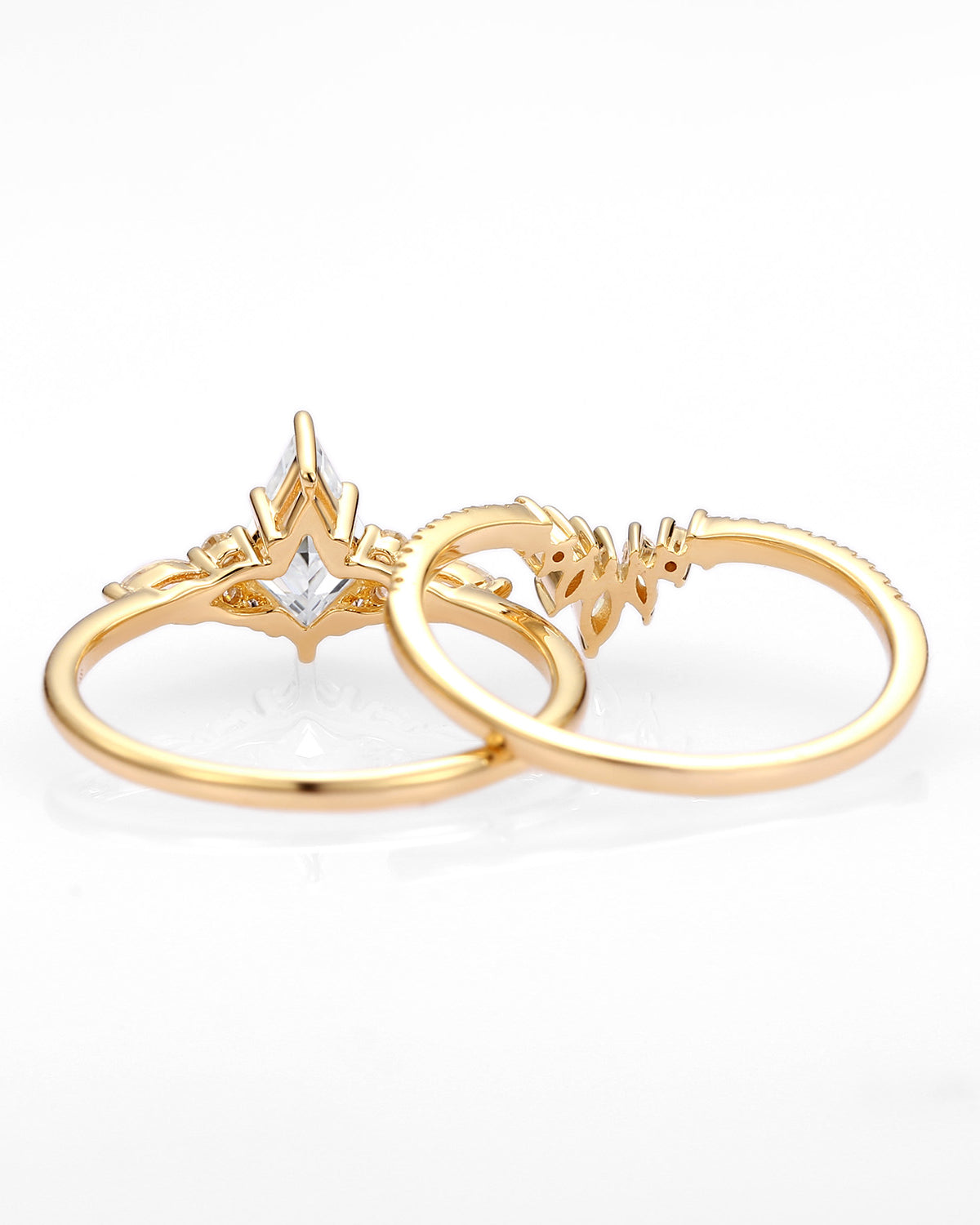 Kite Cut Moissanite Three Stone Engagement Ring Set 2pcs - Rebecca