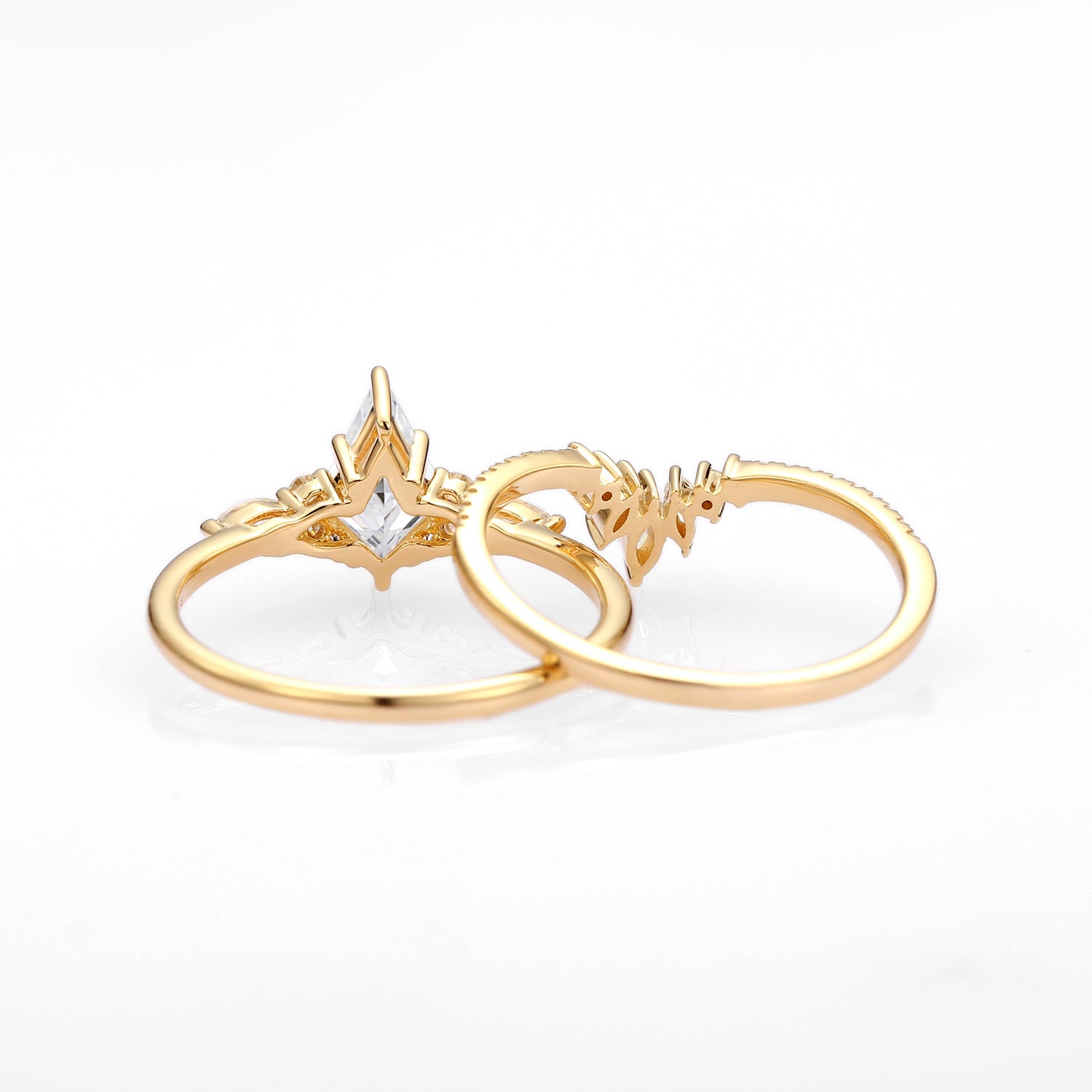 Kite Cut Moissanite Three Stone Engagement Ring Set 2pcs - Rebecca