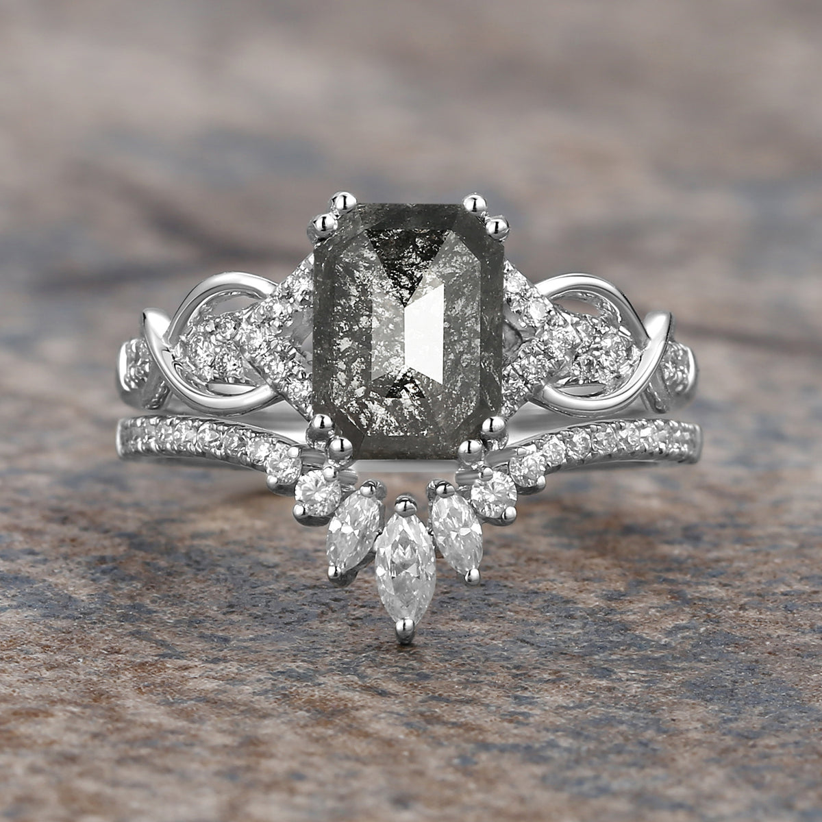Emerald Cut Salt and Pepper Diamonds Infinity Gold Ring Set