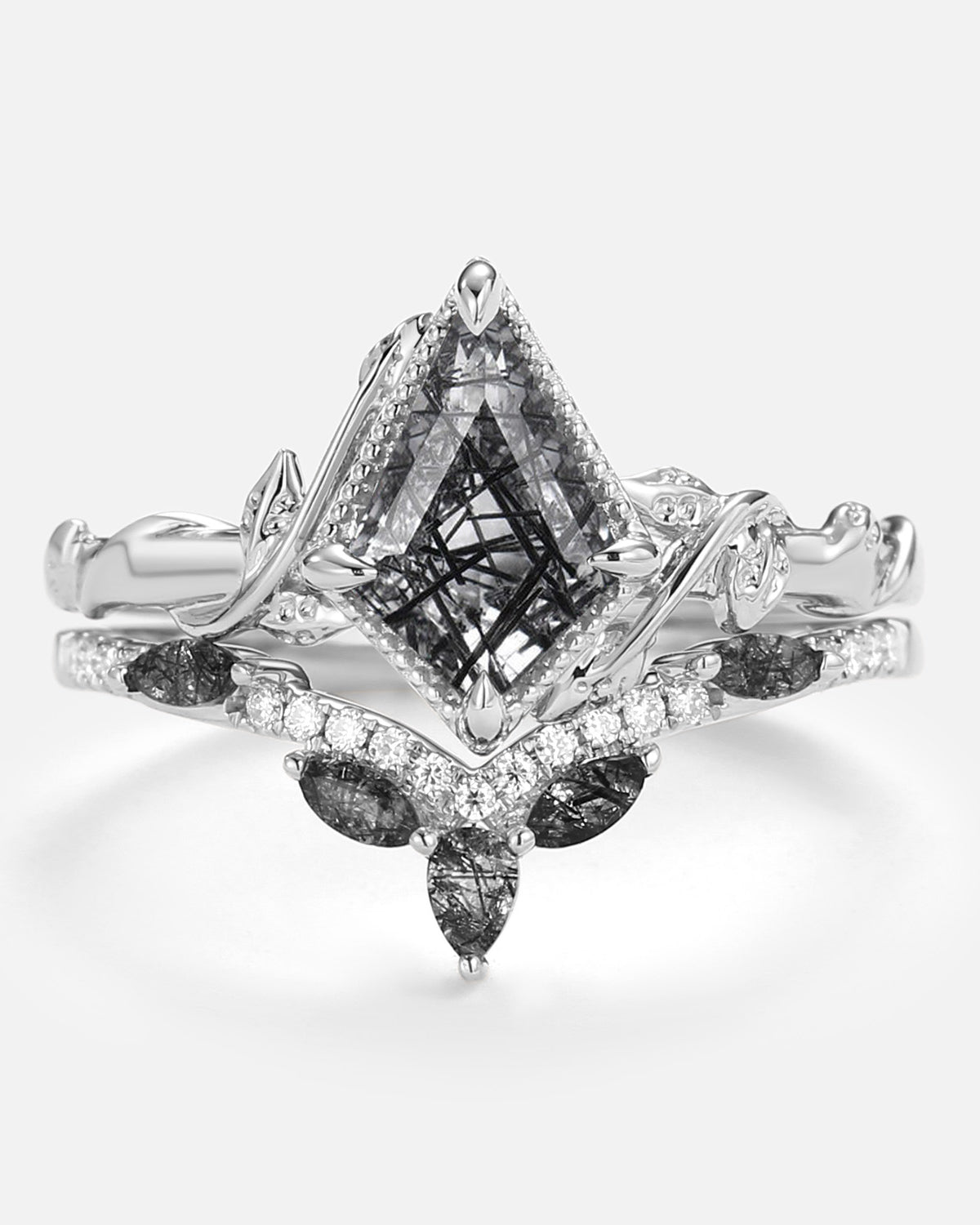 Kite Cut Black Rutilated Quartz Leafy Engagement Ring Sets 2pcs - Lark