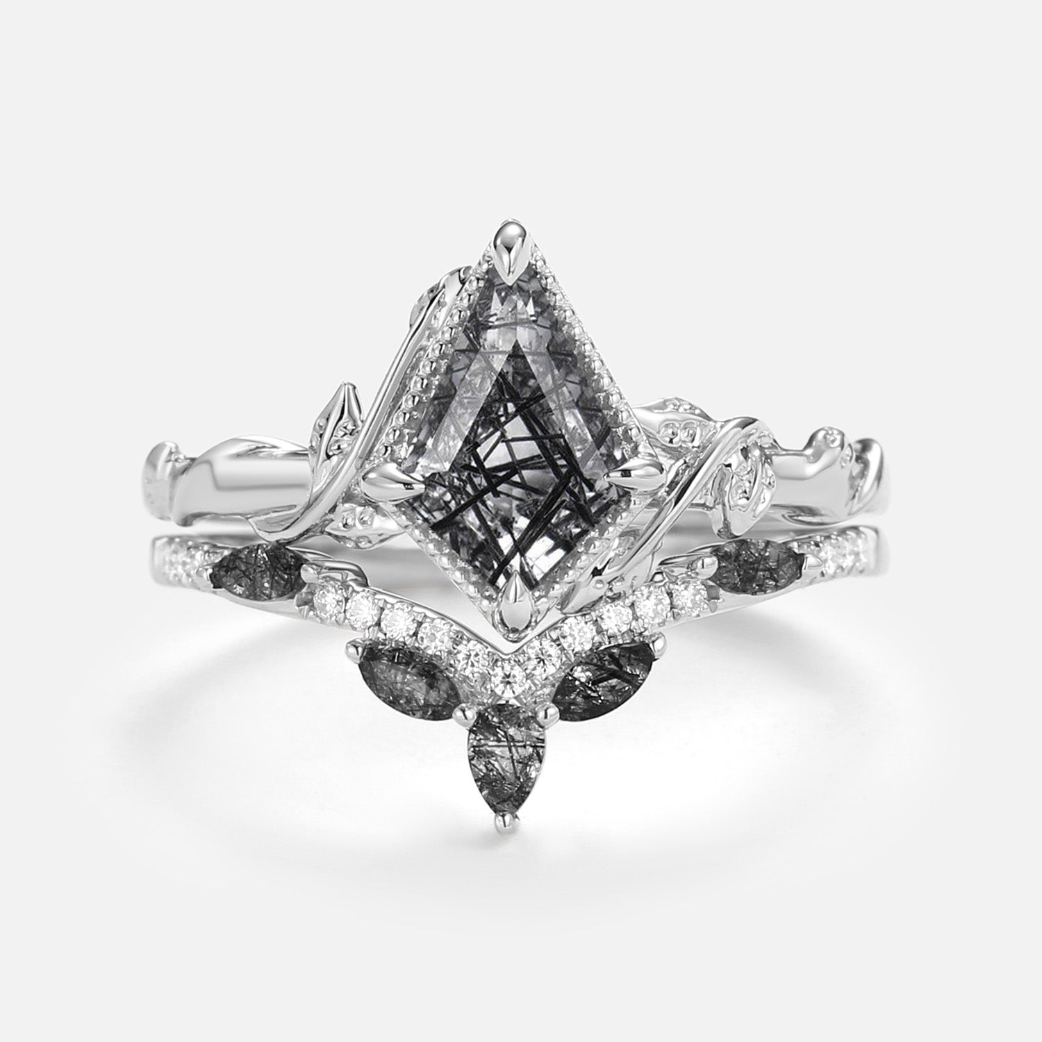 Kite Cut Black Rutilated Quartz Leafy Engagement Ring Sets 2pcs - Lark