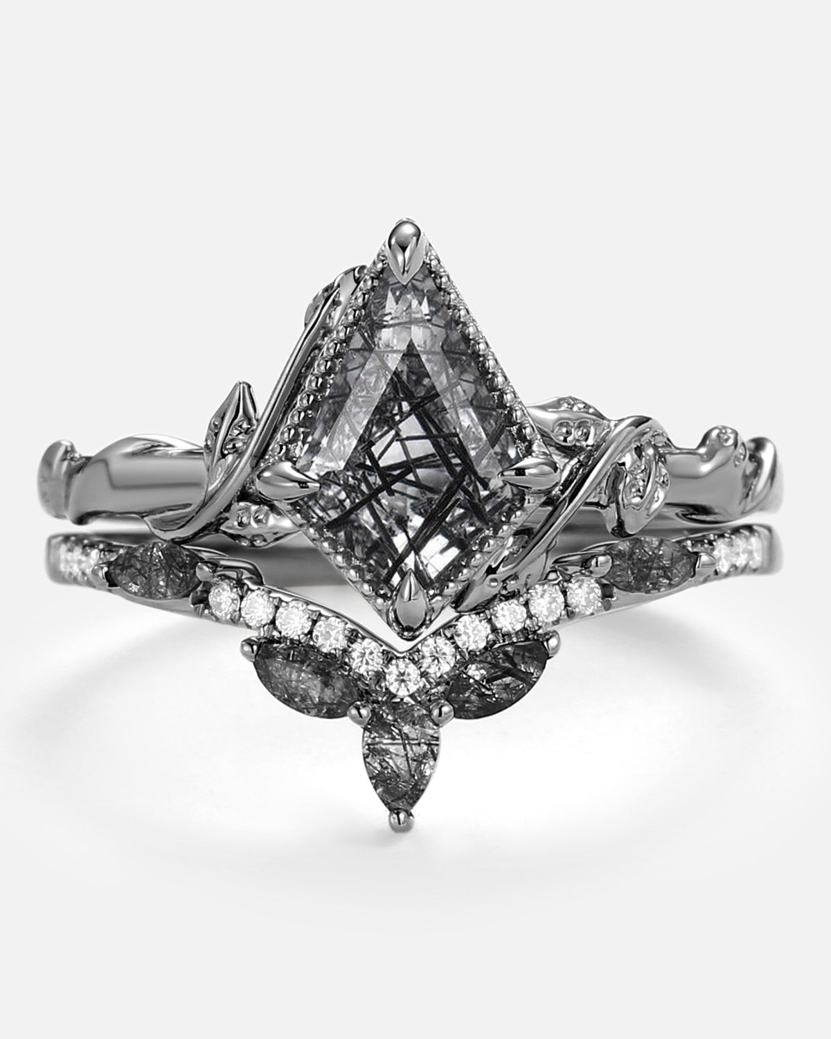 Kite Cut Black Rutilated Quartz Leafy Engagement Ring Sets 2pcs - Lark