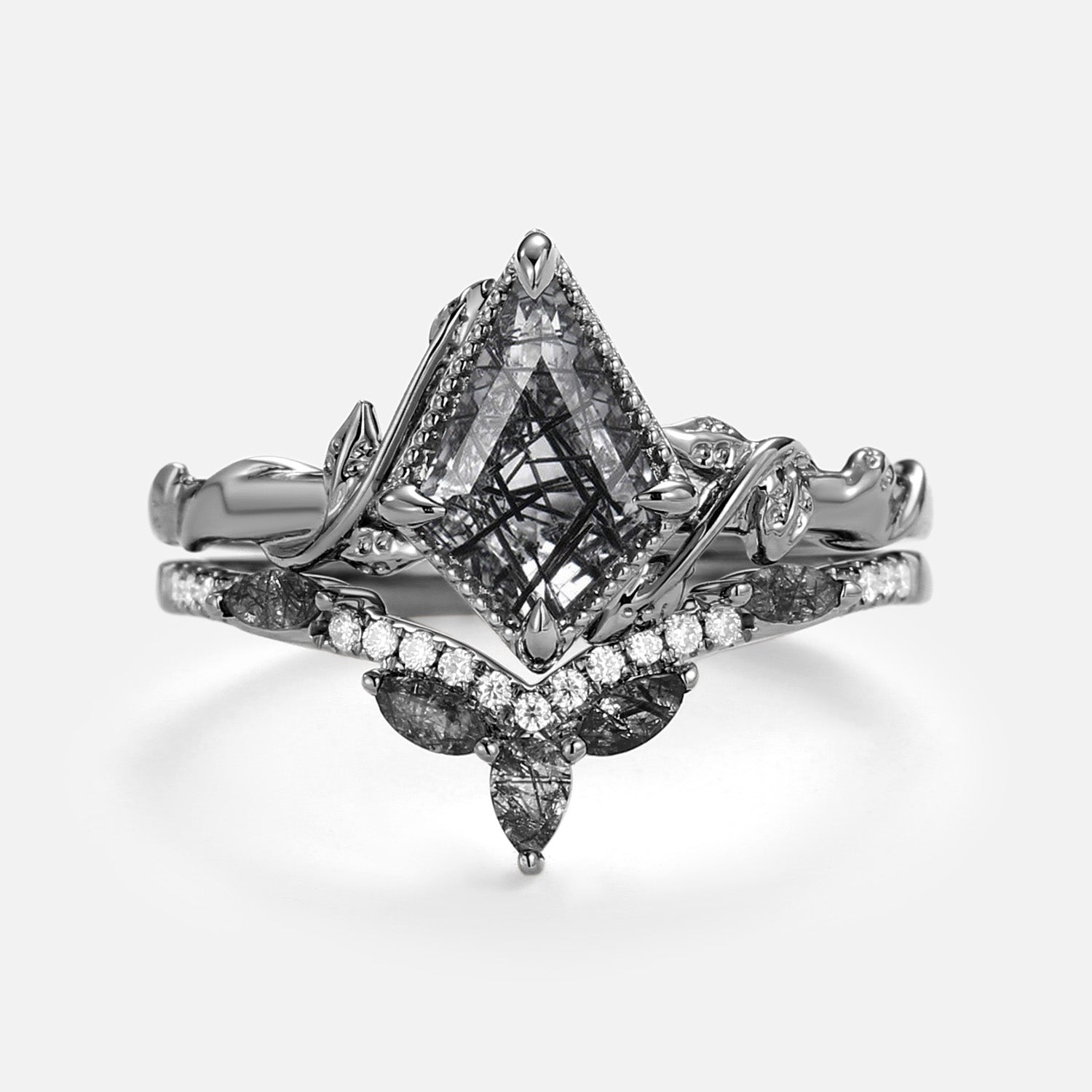 Kite Cut Black Rutilated Quartz Leafy Engagement Ring Sets 2pcs - Lark