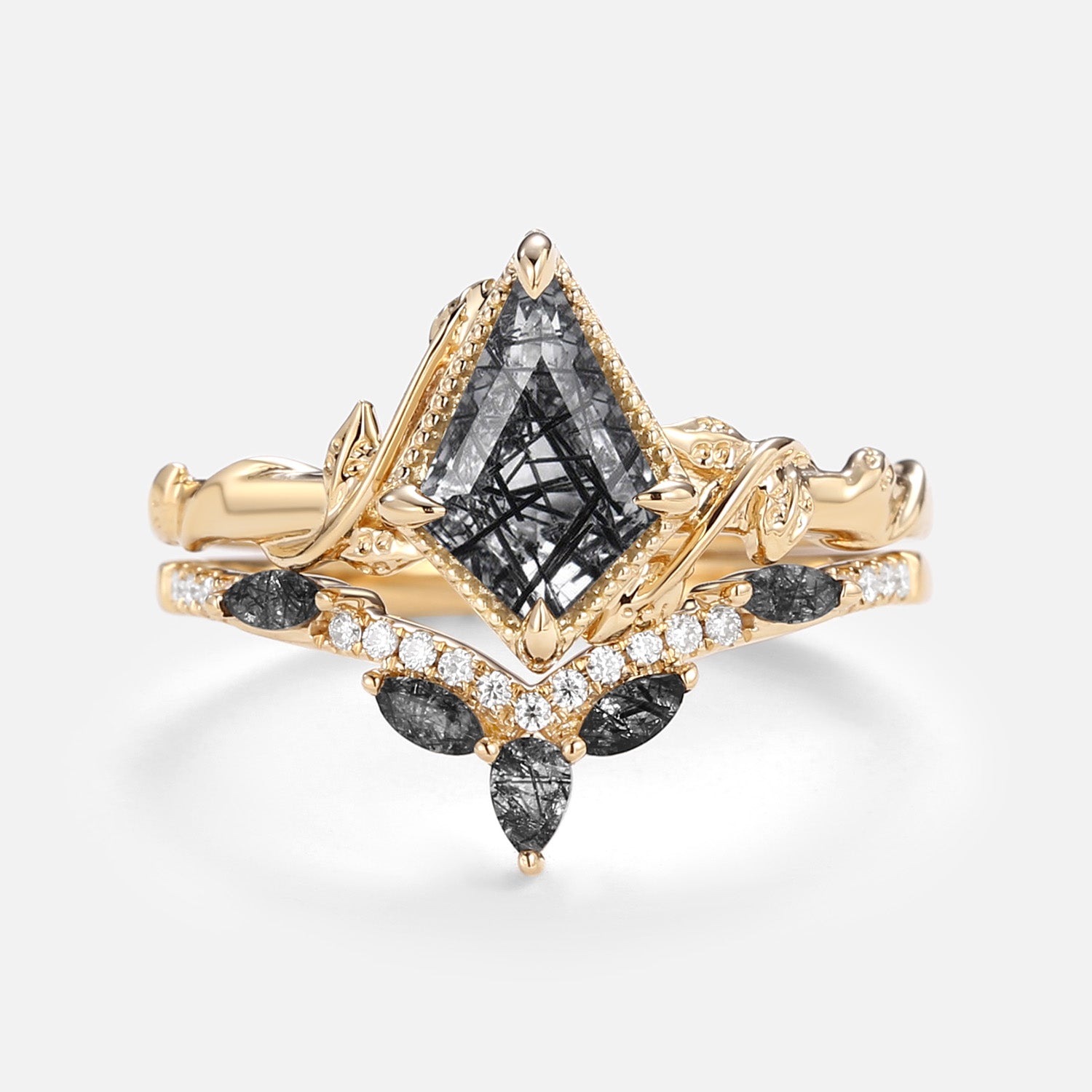 Kite Cut Black Rutilated Quartz Leafy Engagement Ring Sets 2pcs - Lark