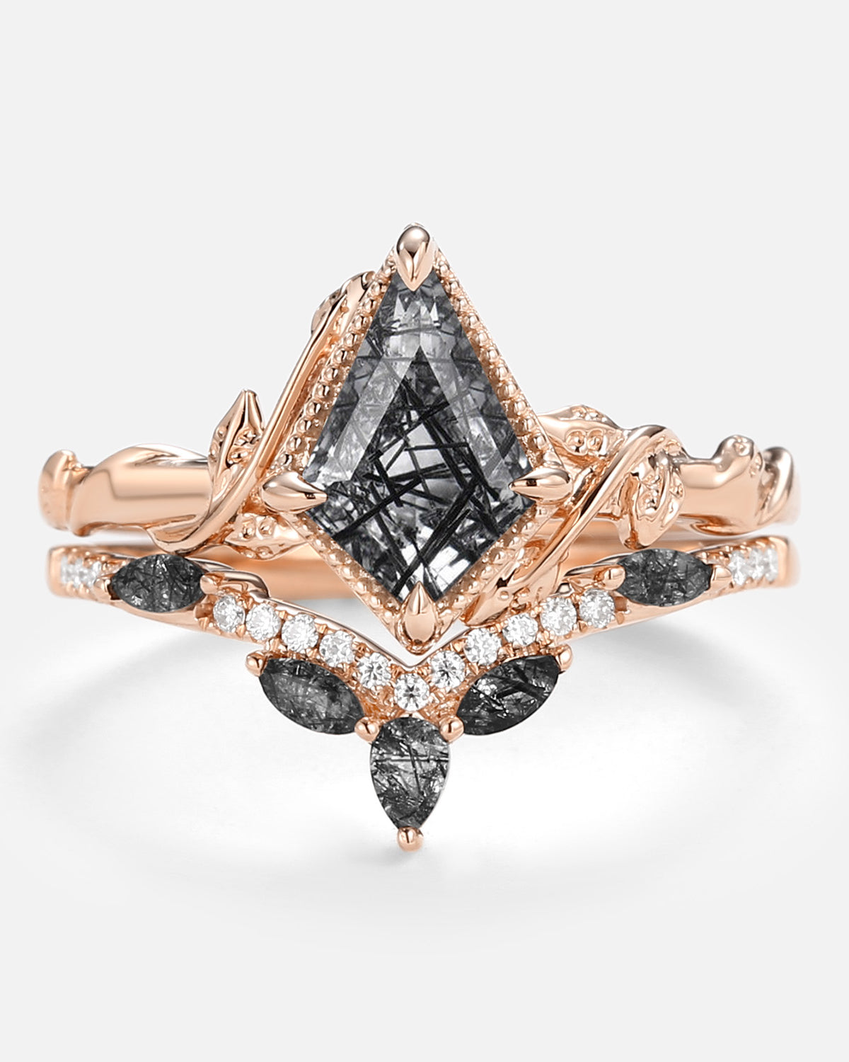 Kite Cut Black Rutilated Quartz Leafy Engagement Ring Sets 2pcs - Lark