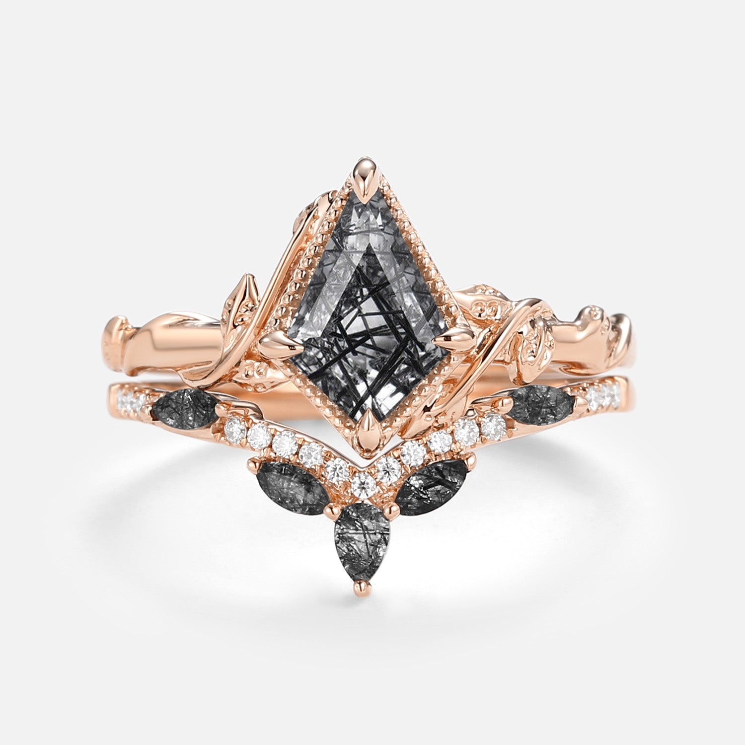 Kite Cut Black Rutilated Quartz Leafy Engagement Ring Sets 2pcs - Lark