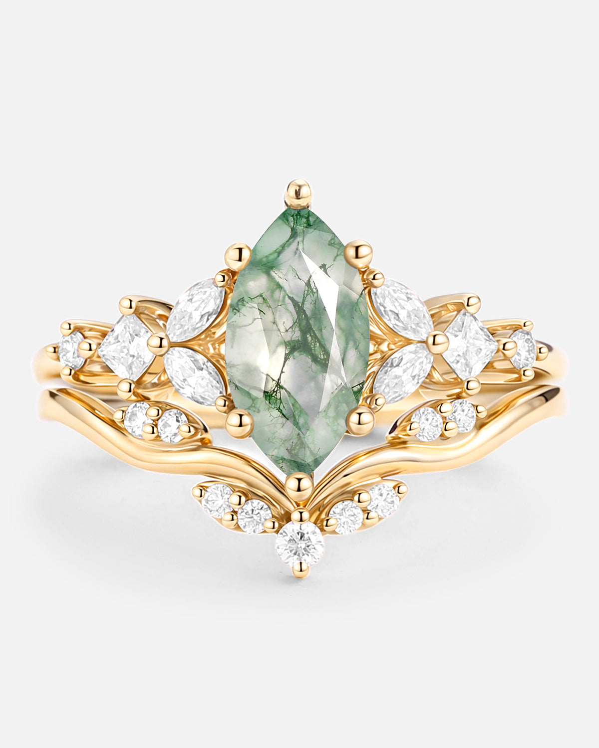 Marquise Cut Moss Agate Engagement Ring Set - Verger